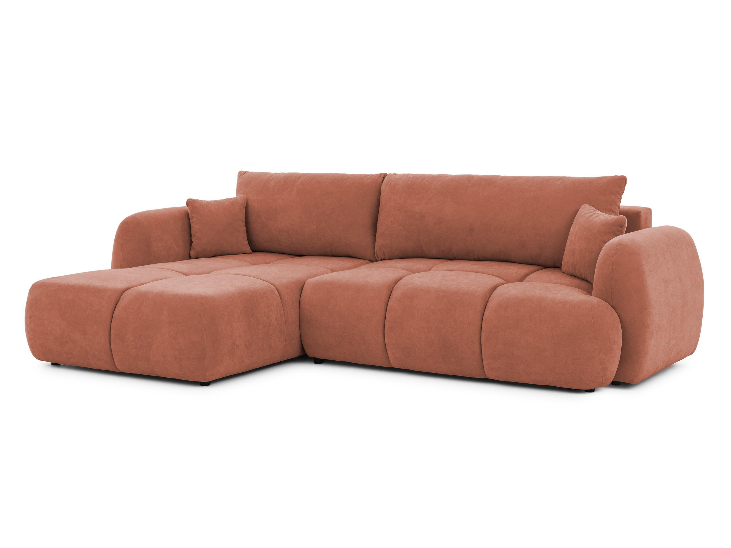 ECKSOFA Loretto aus natürlichem Terrakotta Webstoff mit Schlaffunktion, Bettkasten und tiefen Steppungen in Bubble-Optik - Terracotta/Schwarz, Holz/Kunststoff (180/275cm) - S-Style