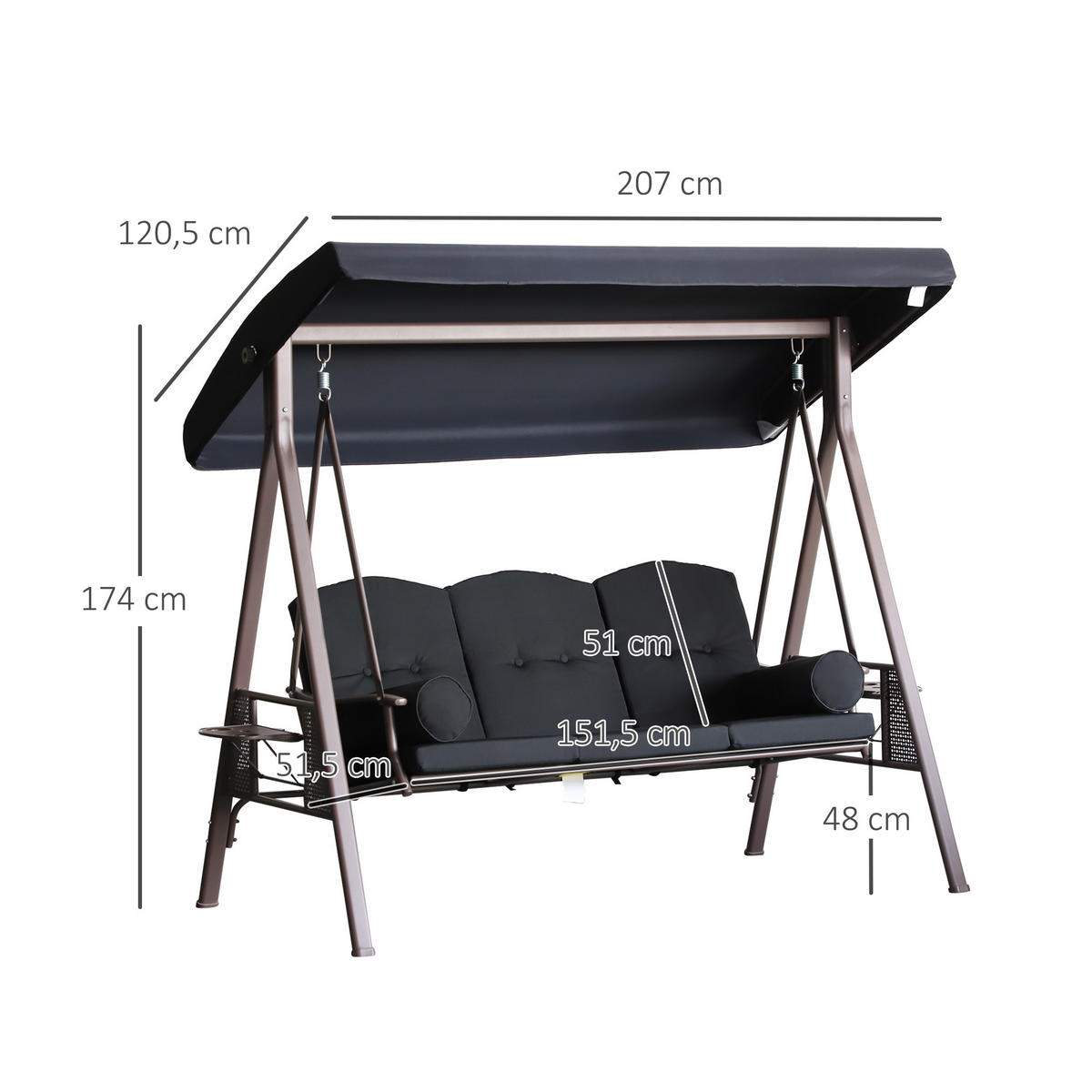 GARTENSCHAUKEL Schwarz 3-Sitzer mit verstellbarem Dach - Schwarz, Metall (121/172/208cm) - PANGIVO