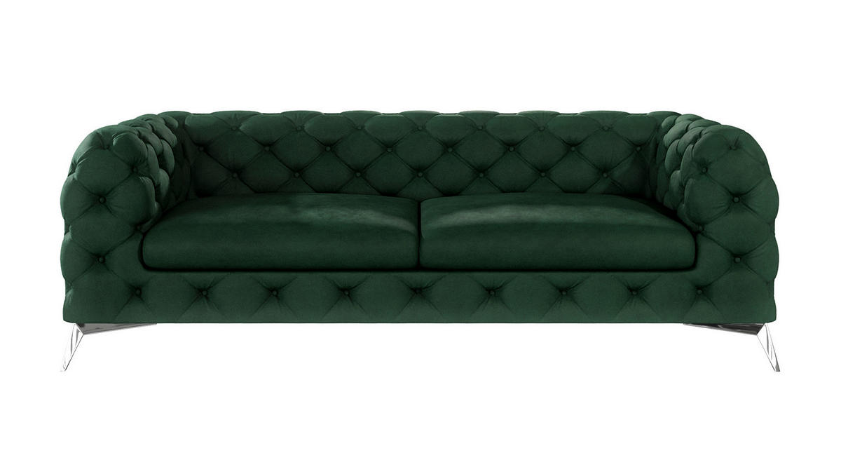 CHESTERFIELD-SOFA 3-Sitzer Laura Flasche Grün Samt - Smaragdgrün/Silberfarben, Holz/Textil (225/75/100cm) - S-Style Möbel