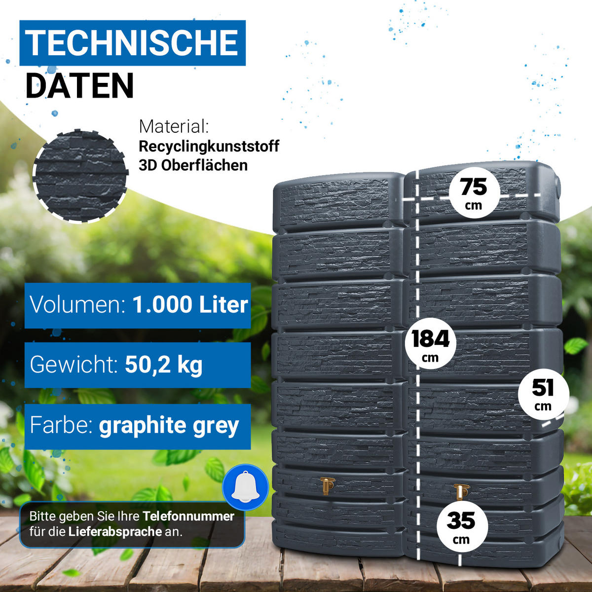 WANDTANK-SET 1000 L, graphite grey 2 x 500 L, inkl. Verbinder - Grau, Kunststoff (51/184/155cm) - 4rain