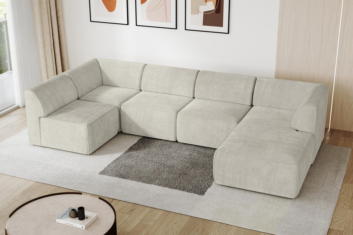 WOHNLANDSCHAFT Ottomane Rechts MOVO-L 345x180x78 cm Cream Cord - Creme/Schwarz, Holzwerkstoff/Kunststoff (345/78/180cm) - ALTDECOR