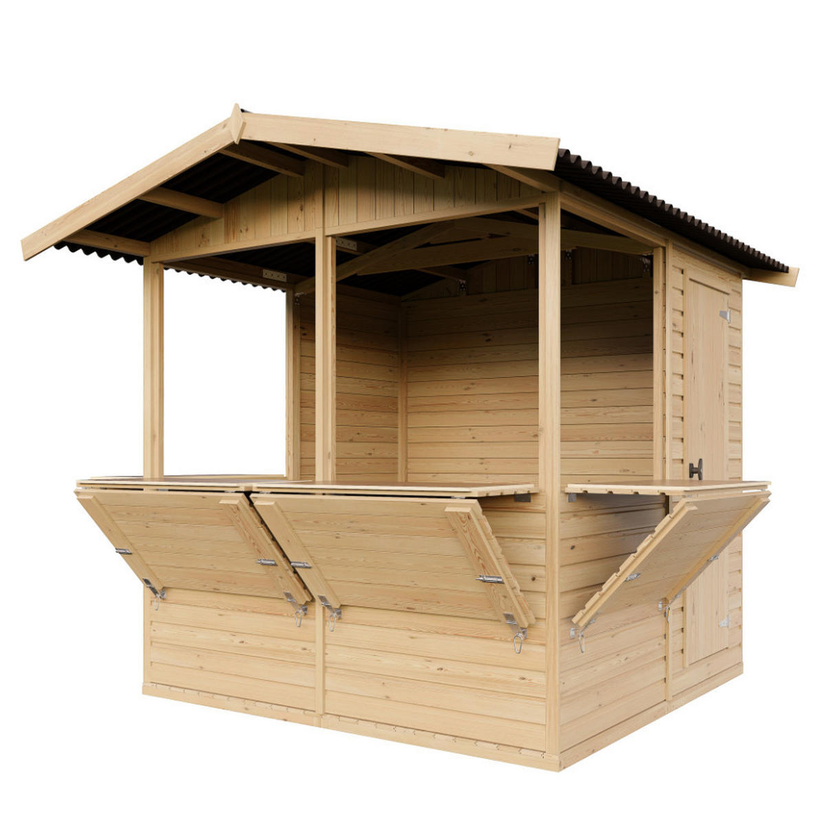 VERKAUFSSTAND aus Holz 4 m², zerlegbarer Marktstand mit 4 Verkaufsfenstern für Märkte, Messen und Events - Naturfarben, Holz (253/232/263cm) - Timbela