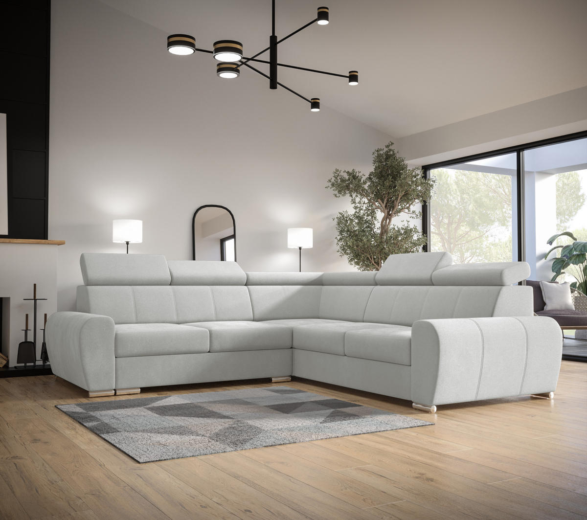 ECKSOFA APOLLO,mit Schlaffunktion und Bettkasten, Farbe: Hellgrau, Velourstoff, Ottomane Rechts - Hellgrau, Textil (255/255cm) - O-Sofa