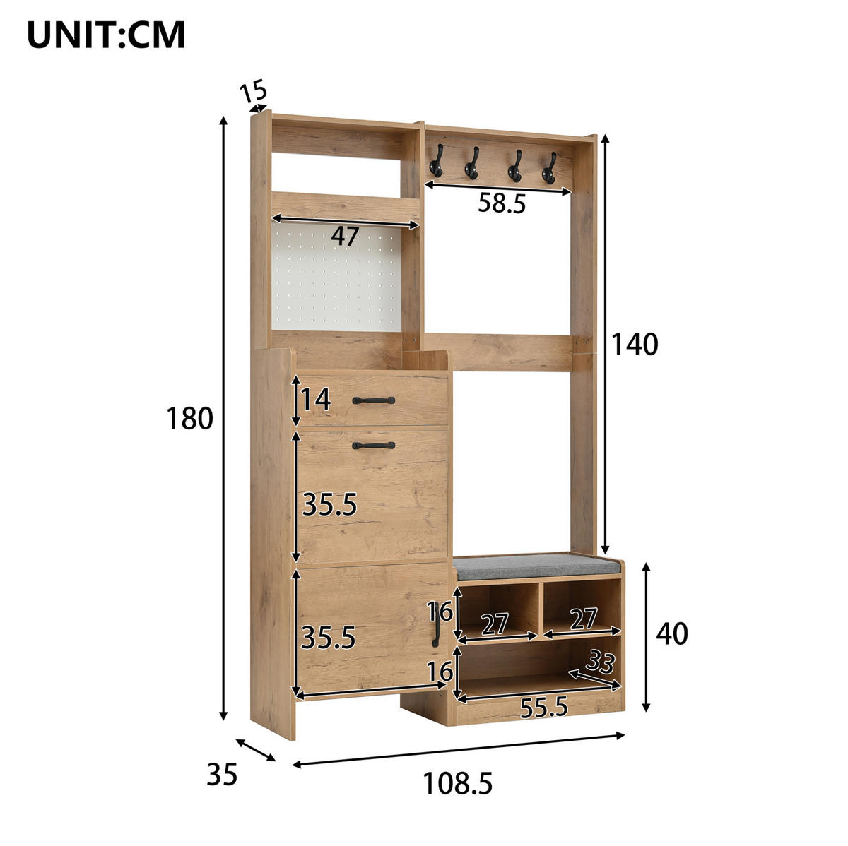 GARDEROBEN-SET mit Sitzbank 108,5 x 35 x 180 cm Natural+White 6-in-1 - Weiß, Holzwerkstoff (35/180/108.5cm) - Beauniv