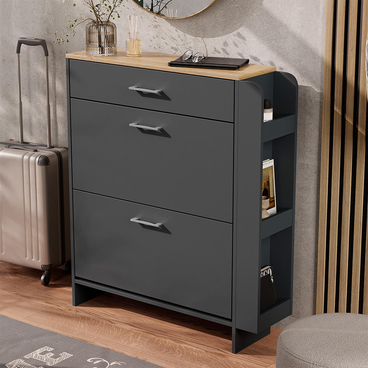 SCHUHSCHRANK Movino Anthrazit/Eiche 88.4 x 101.6 cm mit offenen und geschlossenen Fächern - Eichefarben/Anthrazit, Holzwerkstoff (88.4/101.6/23.6cm) - Vicco