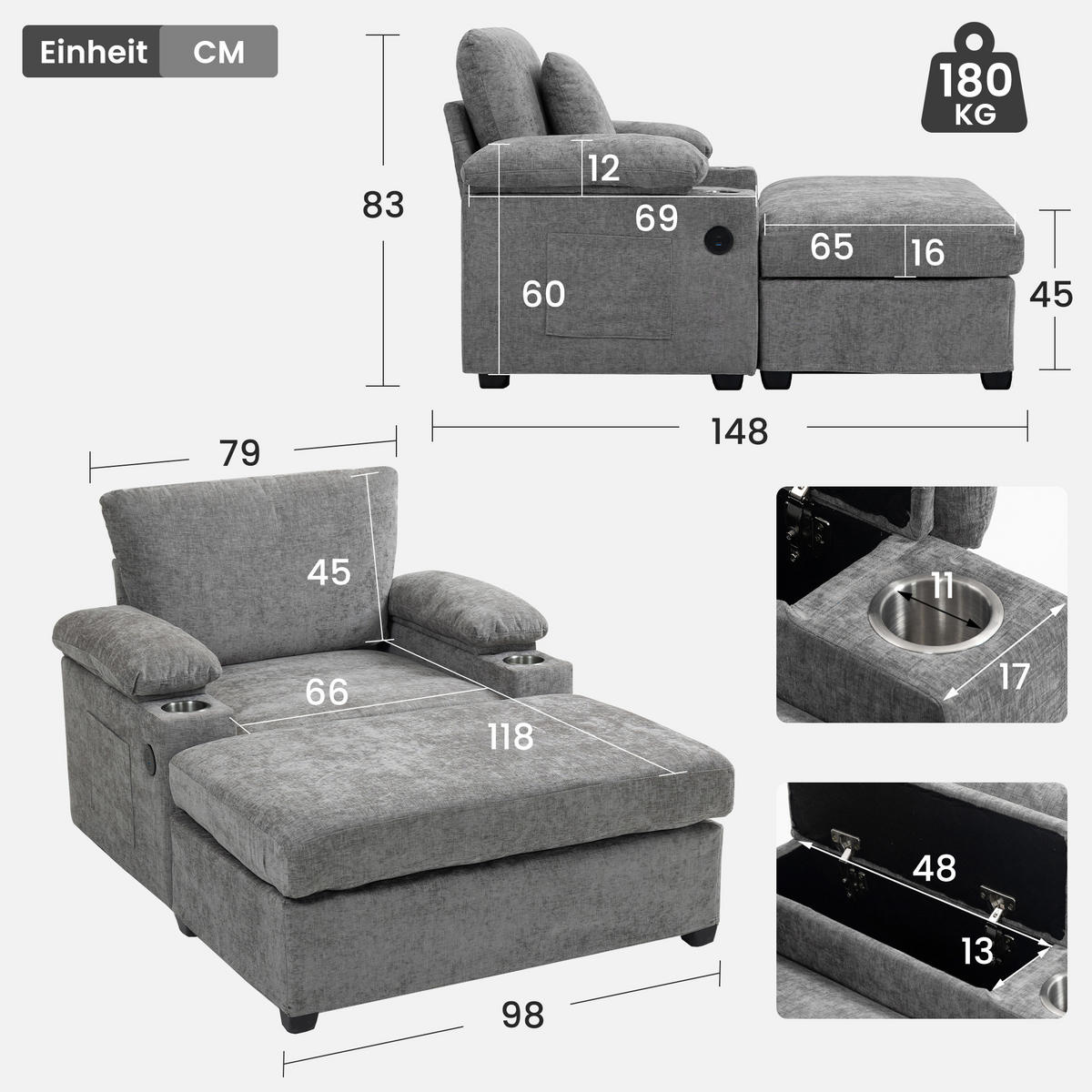SESSEL DE-35287 mit USB und Getränkehalter Grau - Grau, Textil (98/83/148cm) - ComfortXL