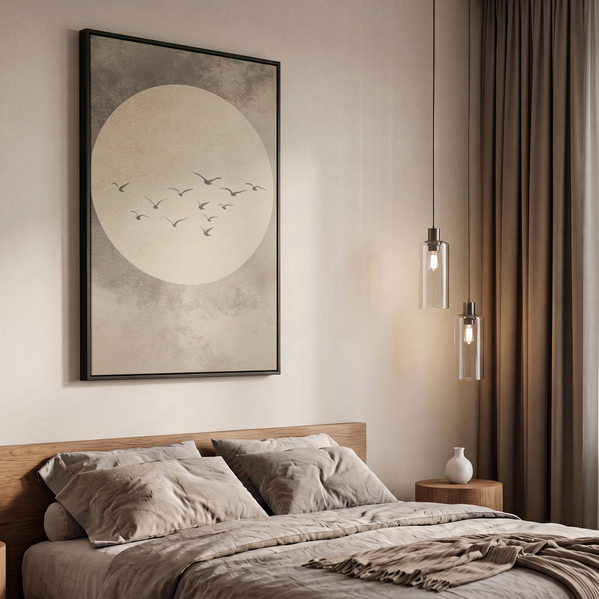 LEINWAND Bilder mit Rahmen - Vogel - Beige - Japanisch - 60x90 - Taupe, Textil (60/90cm) - MuchoWow