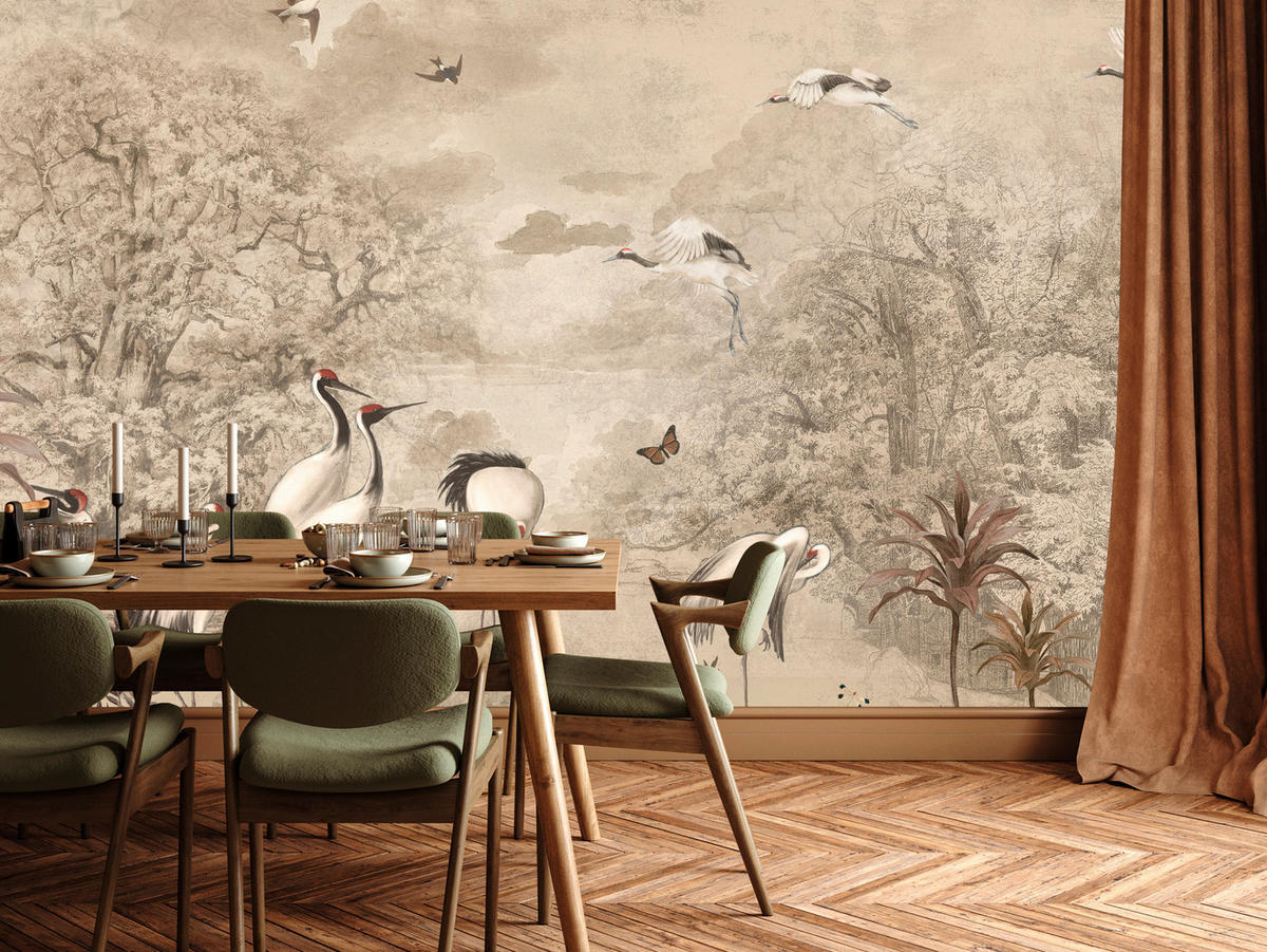 FOTOTAPETE für Schlafzimmer Retro Kraniche Wald Bäume Vögel 350x256 - Beige/Rot, Papier (350/256cm) - Muralo