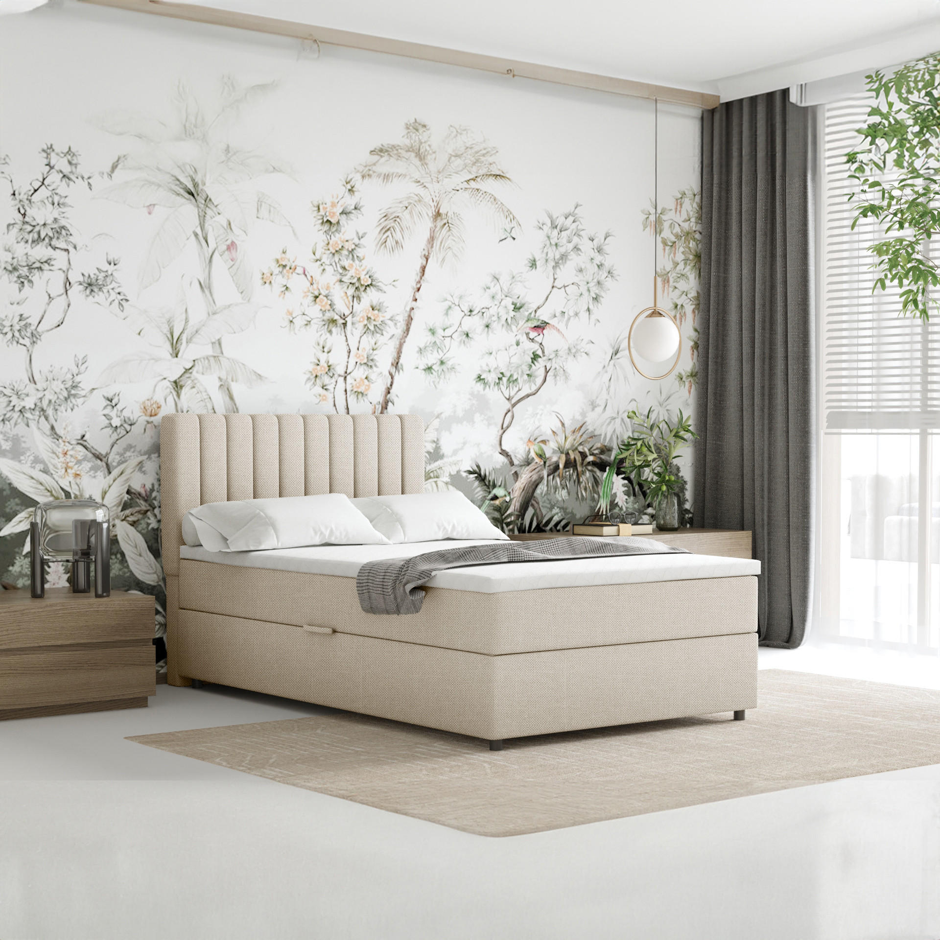 BOXBETT Everest 120 x 200 cm Einzelbett mit hochwertiger Bonell-Matratze und Topper - Beige, Holz (120/200cm) - Panda Möbel