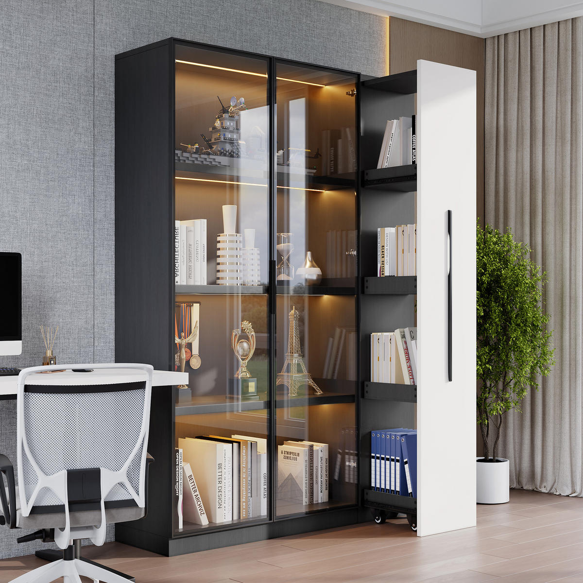 VITRINE 110,5/35/160 cm schwarz/weiß aus MDF und Glas mit LED und Seitenauszug - Schwarz, Holzwerkstoff (110.5/160/35cm) - OKWISH