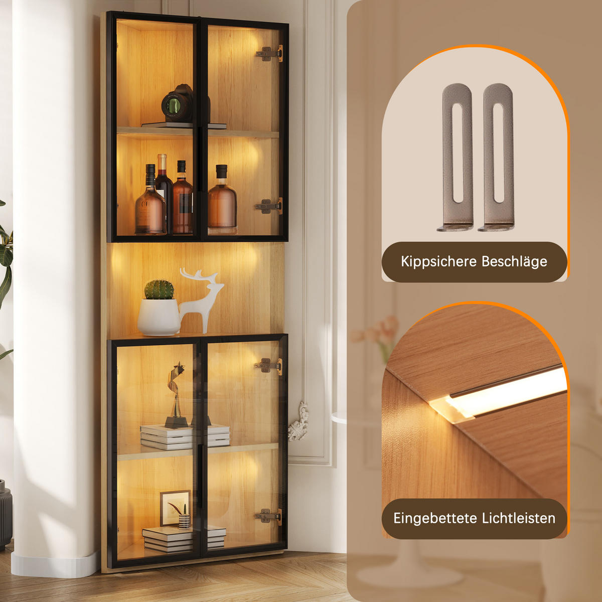 VITRINE 62cm Eiche Glas LED Eckvitrine modern - Eichefarben, Holzwerkstoff (62/160/32cm) - FLIEKS