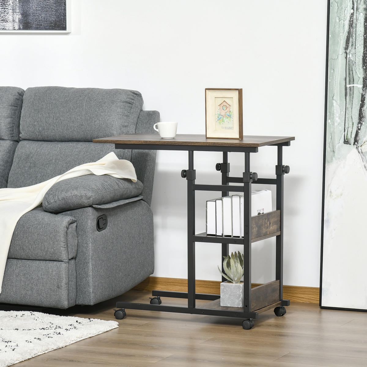 BEISTELLTISCH Couchtisch mit Rollen höhenverstellbar 2 untere Regale Esszimmer - Braun, Kunststoff (80/40/82cm) - HOMCOM