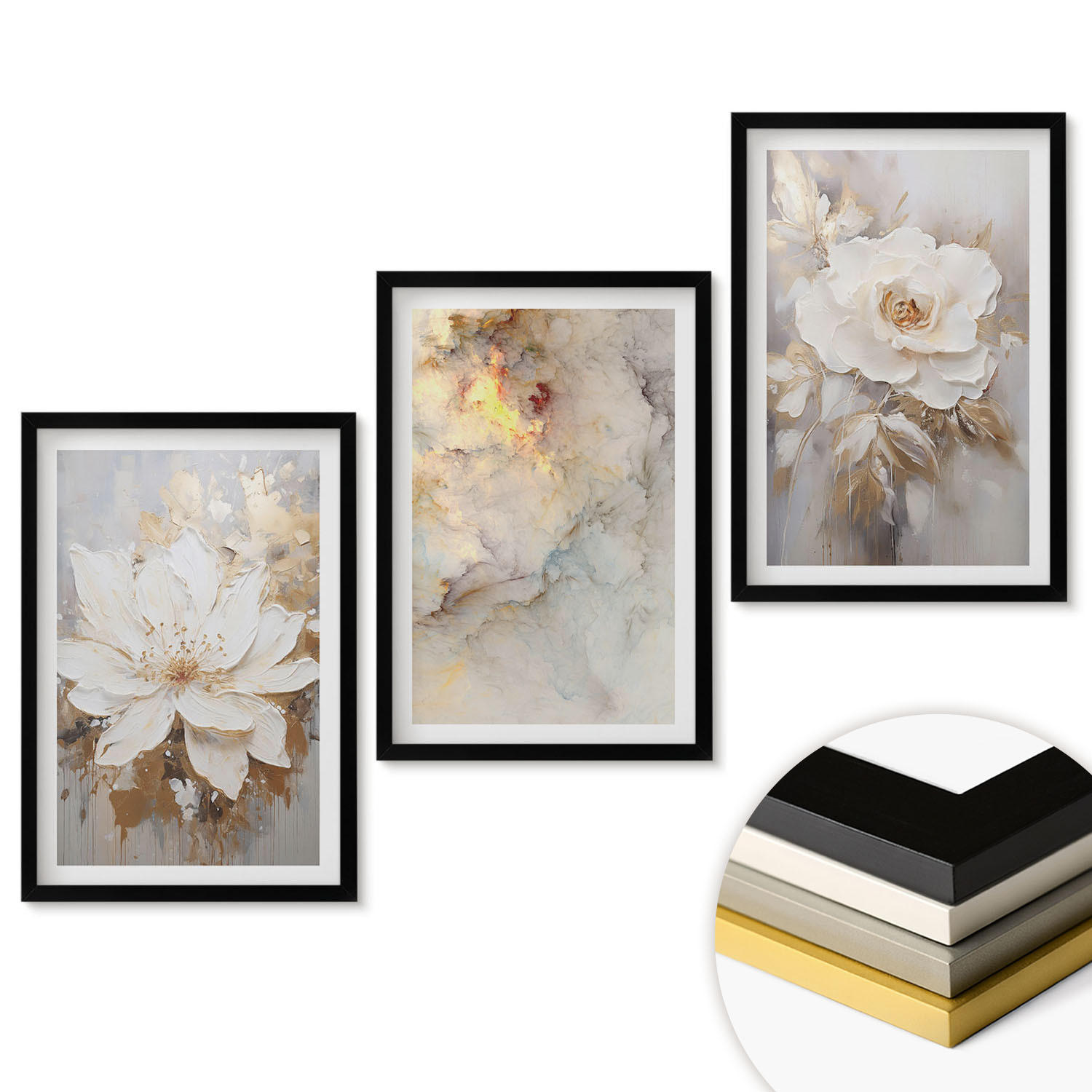 WANDBILDER 3er-Set - 40x60 cm Schwarzer Rahmen - Blumen heller abstrakter Hintergrund - Schwarz, Kunststoff (40/60cm) - ArtPrintCave