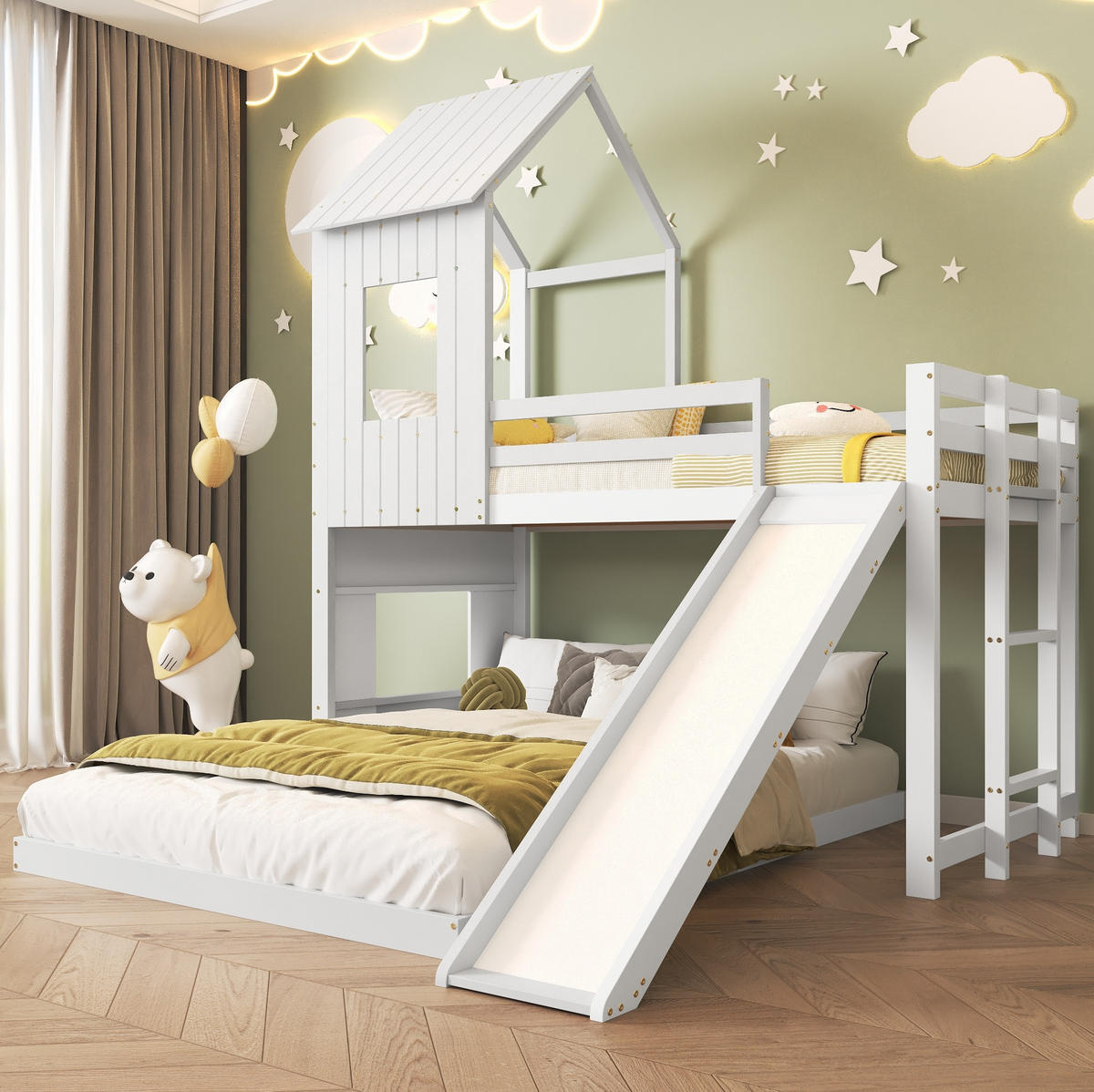 ETAGENBETT aus Kiefer und MDF 90x200/140x200 cm Weiß mit Rutsche, Leiter und Hausbett-Design - Weiß, Holzwerkstoff (90/200cm) - Modfu
