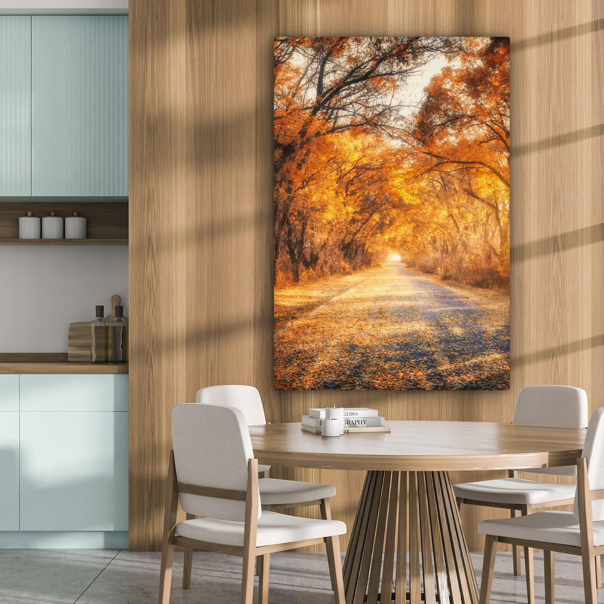 LEINWANDBILD Wald - Herbst - Bäume - Waldweg - Natur 80x120 cm - Bernsteinfarben, Textil (80/120cm) - MuchoWow