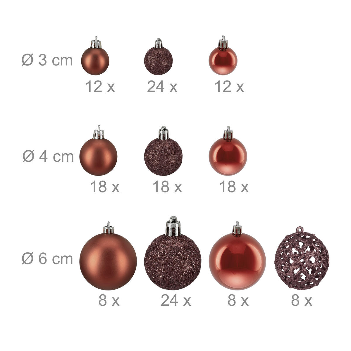150-TLG.WEIHNACHTSKUGELN-SET - Braun, Kunststoff (6/7/6cm) - Relaxdays