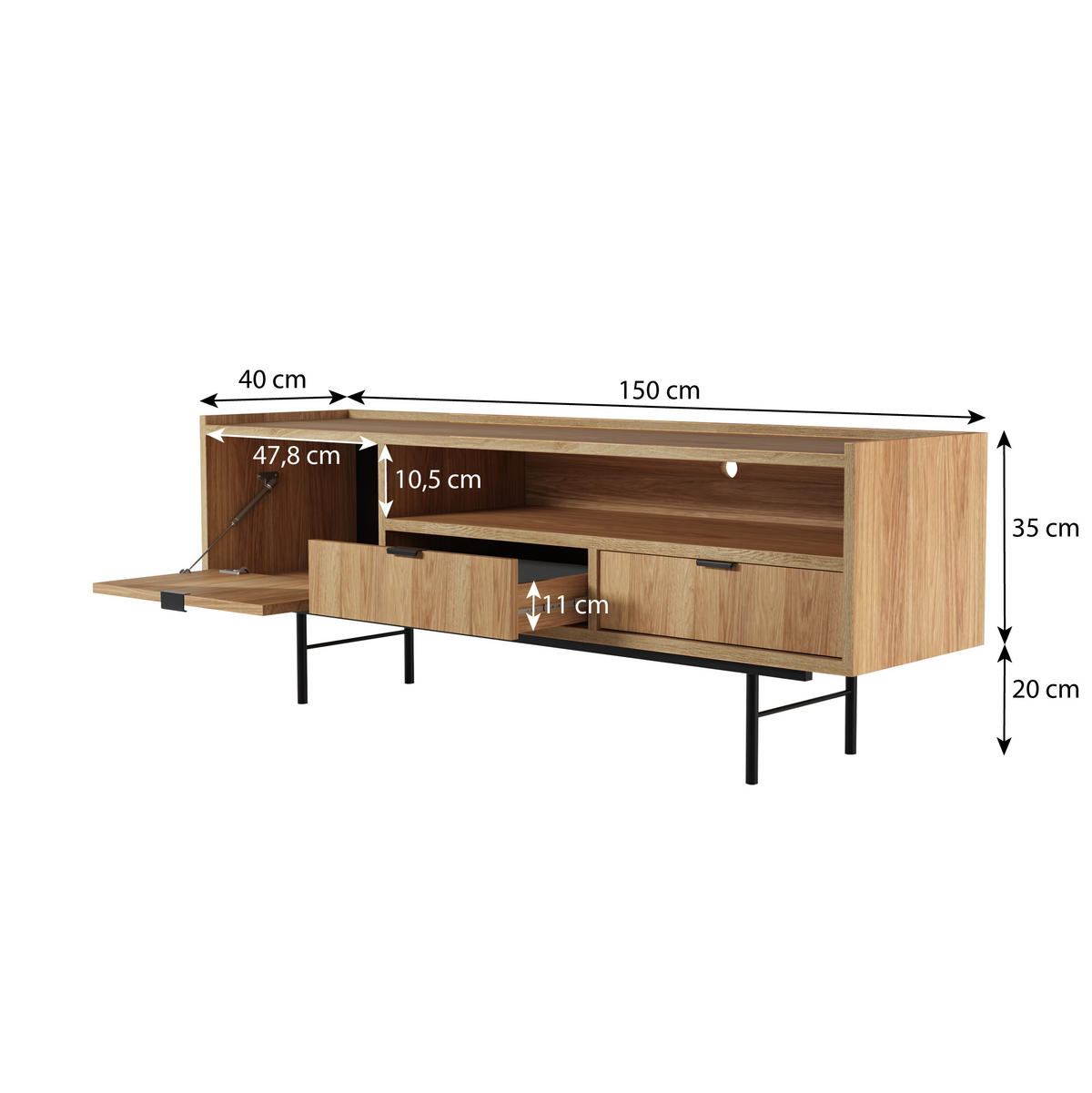 WOHNWAND Evron Kommode 150 cm TV-Board 150 cm Bücherregal 90 cm, Hikora Eiche - Eichefarben/Schwarz, Holzwerkstoff/Metall (150/90/40cm) - Beautysofa