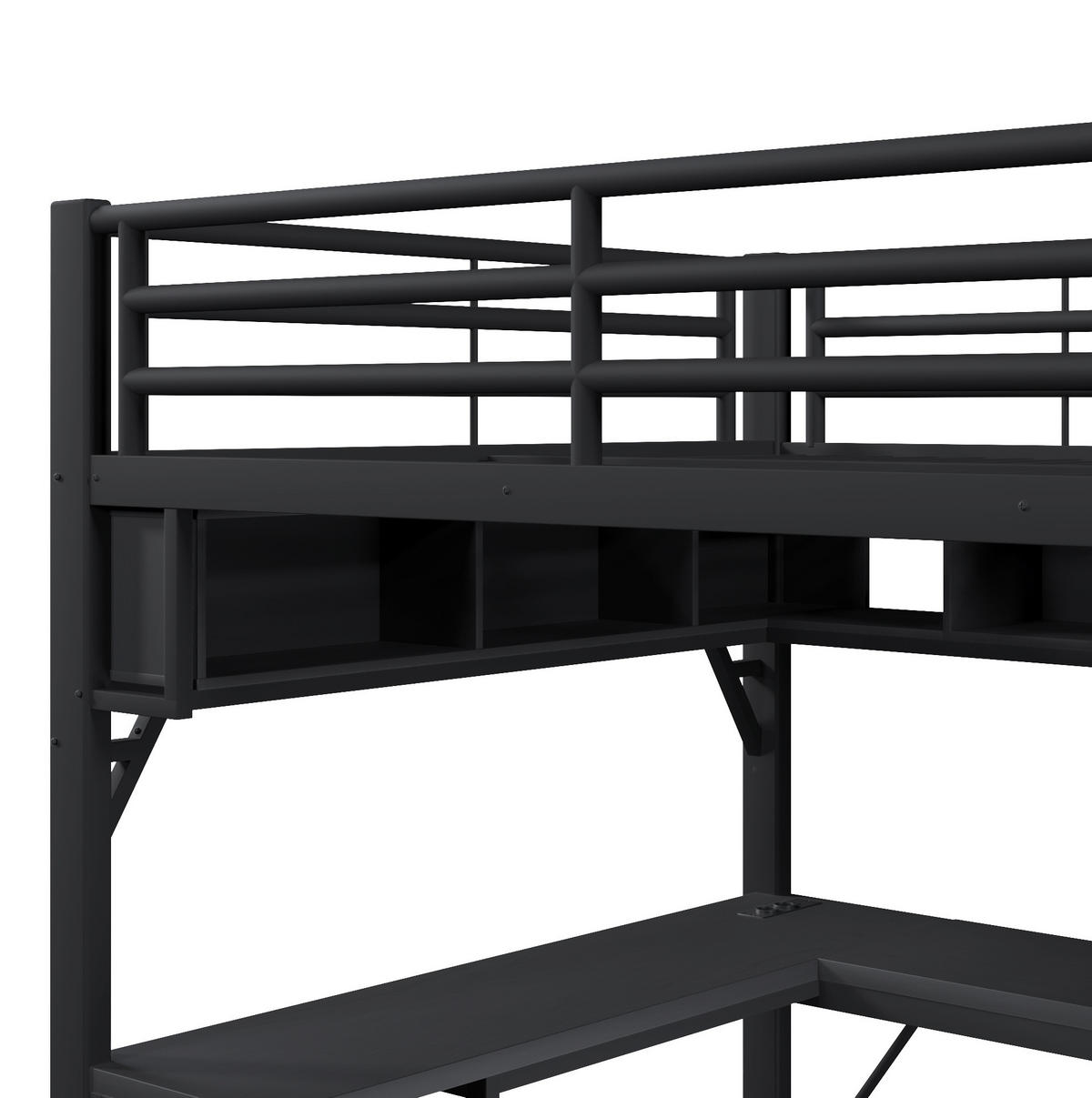 HOCHBETT 140/200 cm Schwarz mit Schreibtisch, Regal und Schubladen - Schwarz, Metall (140/200cm) - MIVRAY
