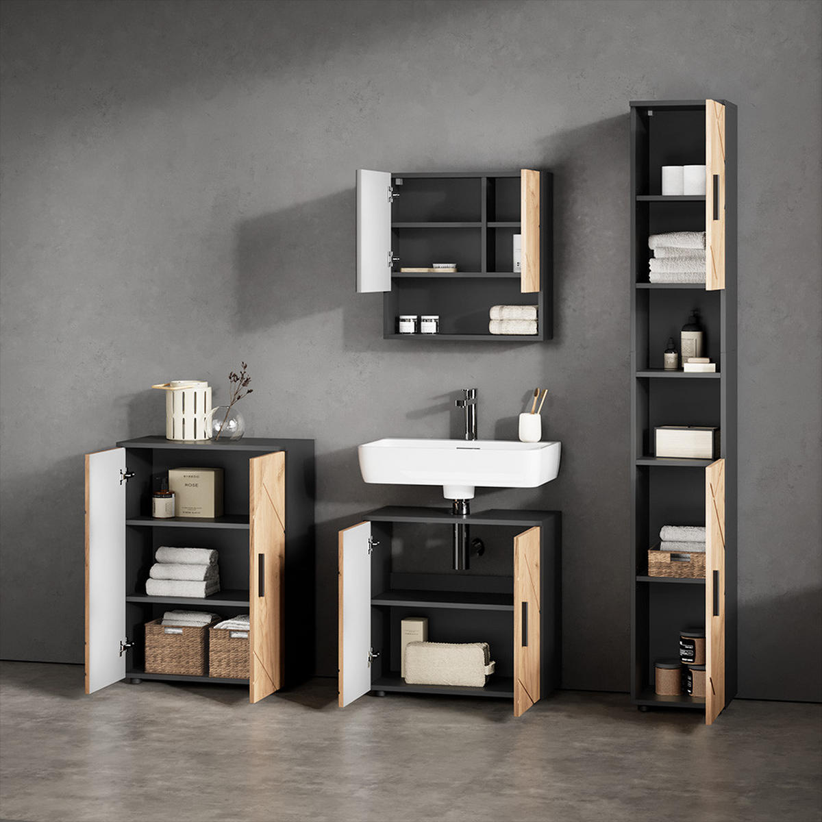 BADMÖBEL-SET Ronco Goldkraft Eiche/Anthrazit 4 Teile, mit Hochschrank und Kommode - Anthrazit/Eiche Wotan, Holzwerkstoff (60/192/30cm) - Livinity®