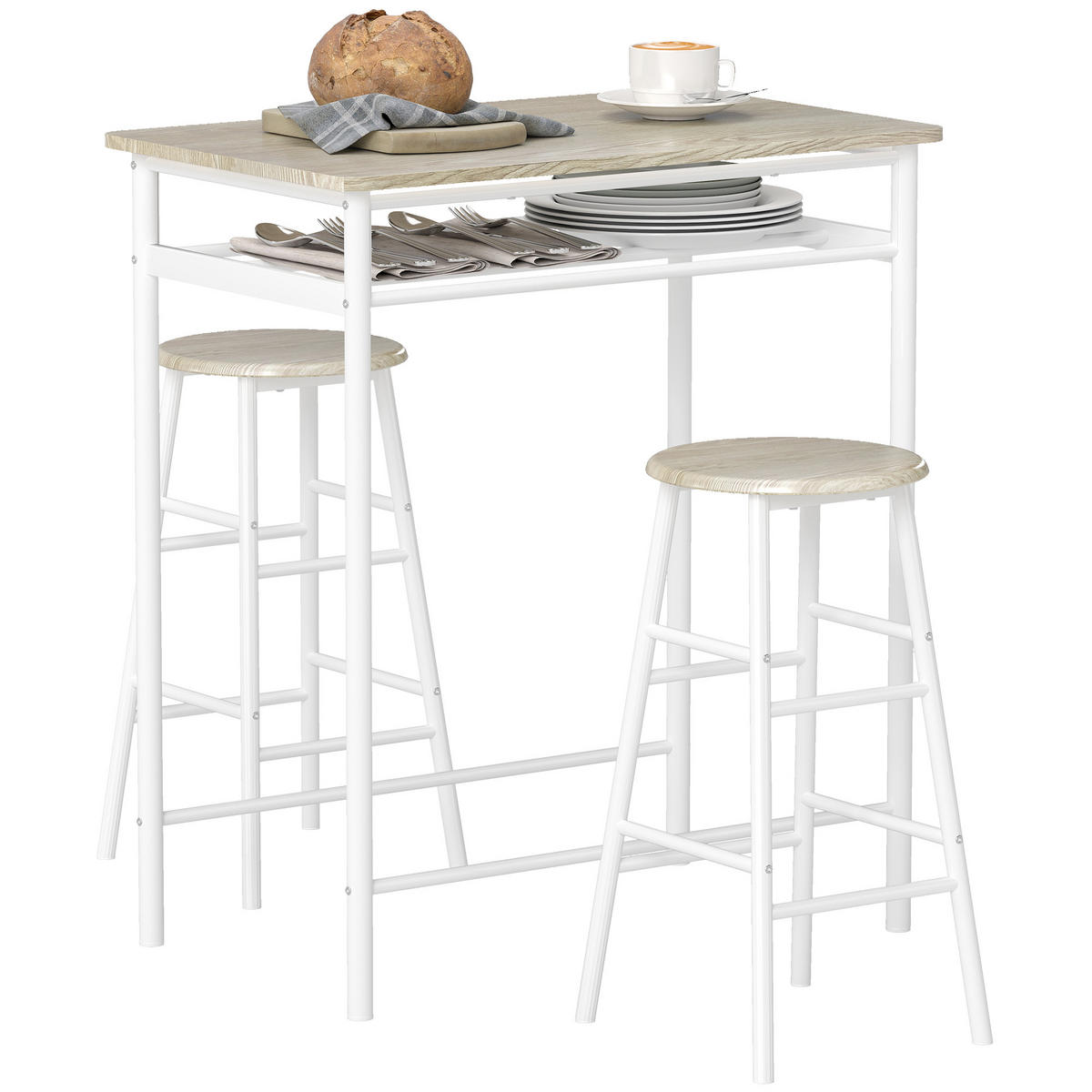 BARTISCH-SET DE-14801 mit 2 Hockern & Ablage Weiß - Weiß, Metall (80/50/90cm) - ComfortXL