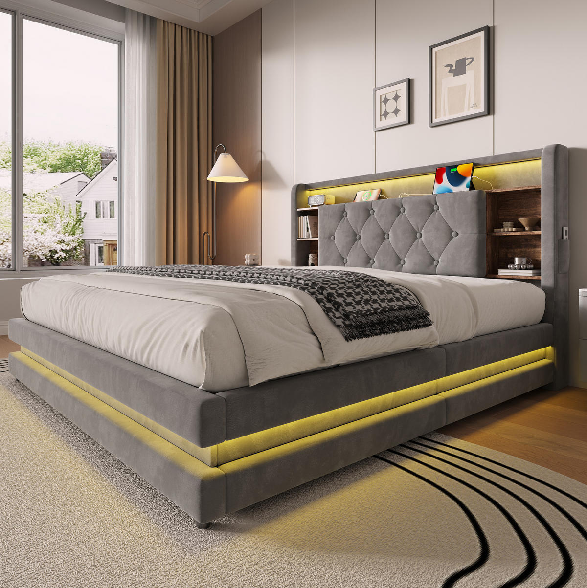 POLSTERBETT aus Samt 140x200 cm Dunkelgrau mit Bettkasten, LED-Beleuchtung, USB- und Type-C-Anschlüssen - Dunkelgrau, Textil (140/200cm) - Modfu