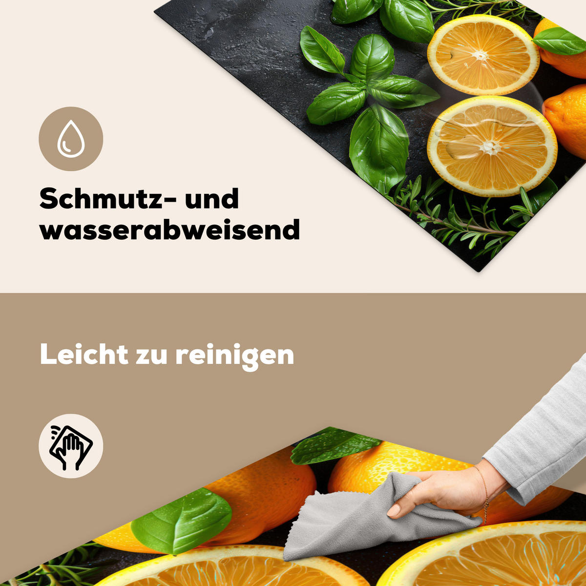 HERDABDECKPLATTE Obst - Grau - Konkret - Orange - Pflanzen Ceranfeldabdeckung 90x52 cm - Anthrazit, Kunststoff (90/52/0.2cm) - MuchoWow