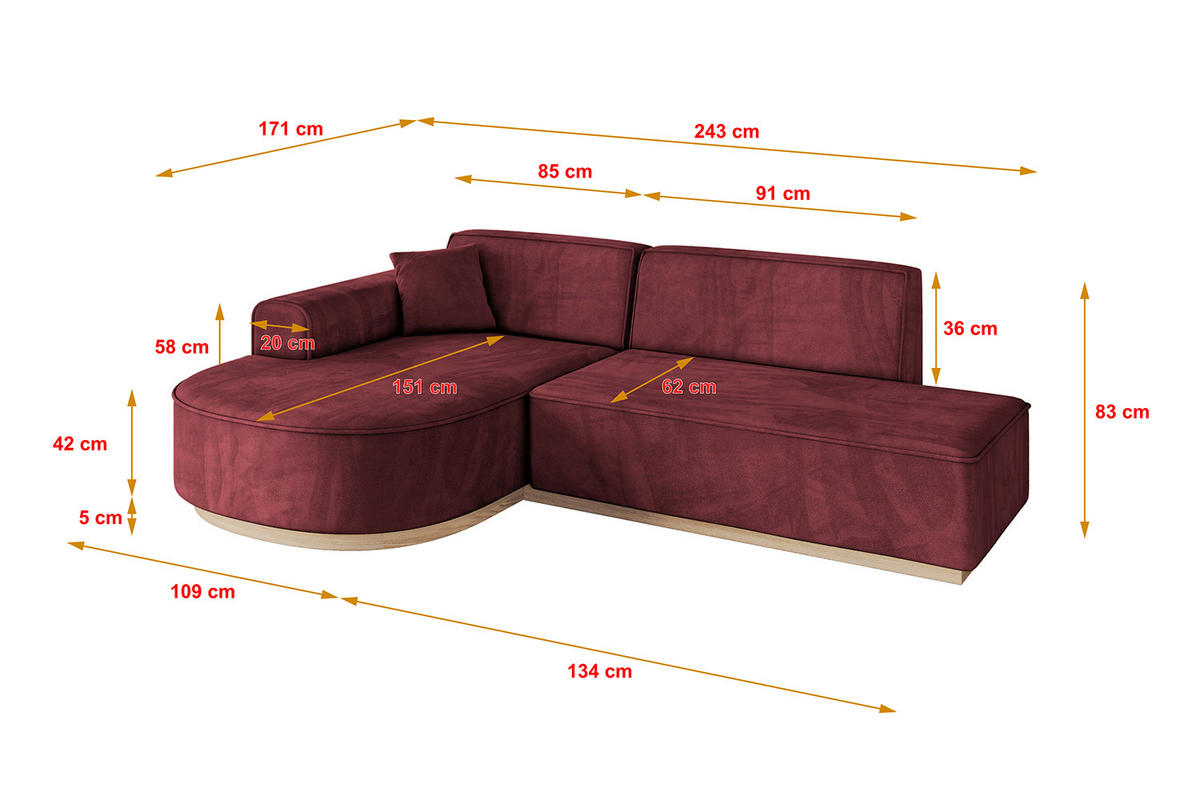 ROHOVÁ SEDAČKA s otomanem, levá ARRIO-L1 243x171x83 Bordó Velur - bordeaux/černá, kompozitní dřevo/textil (243/171cm) - ALTDECOR