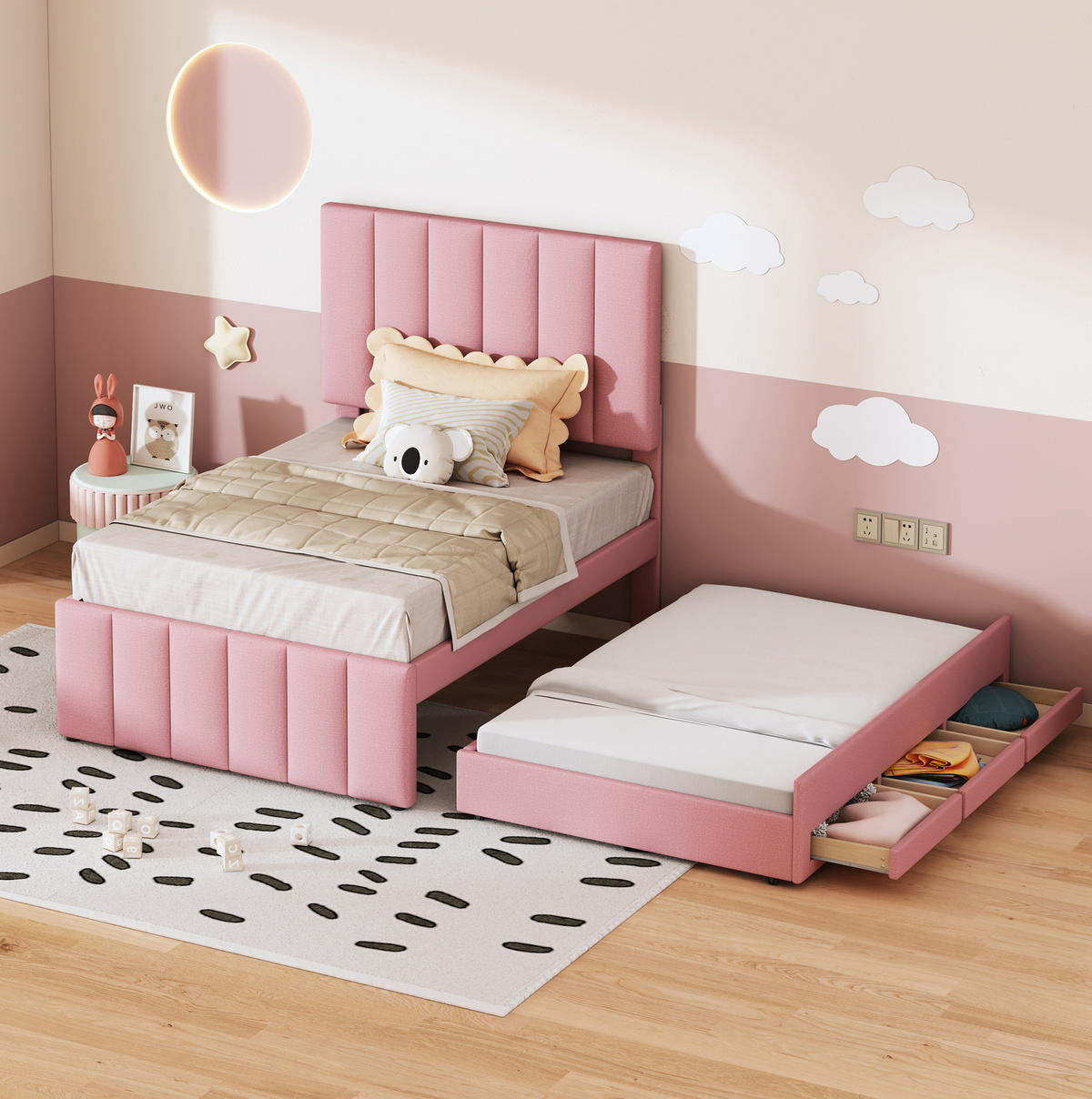 ČALOUNĚNÁ postel 90/200 cm růžová z MDF, lnu a kovu s výsuvným lůžkem a 3 zásuvkami - růžová, textil (90/200cm) - OKWISH
