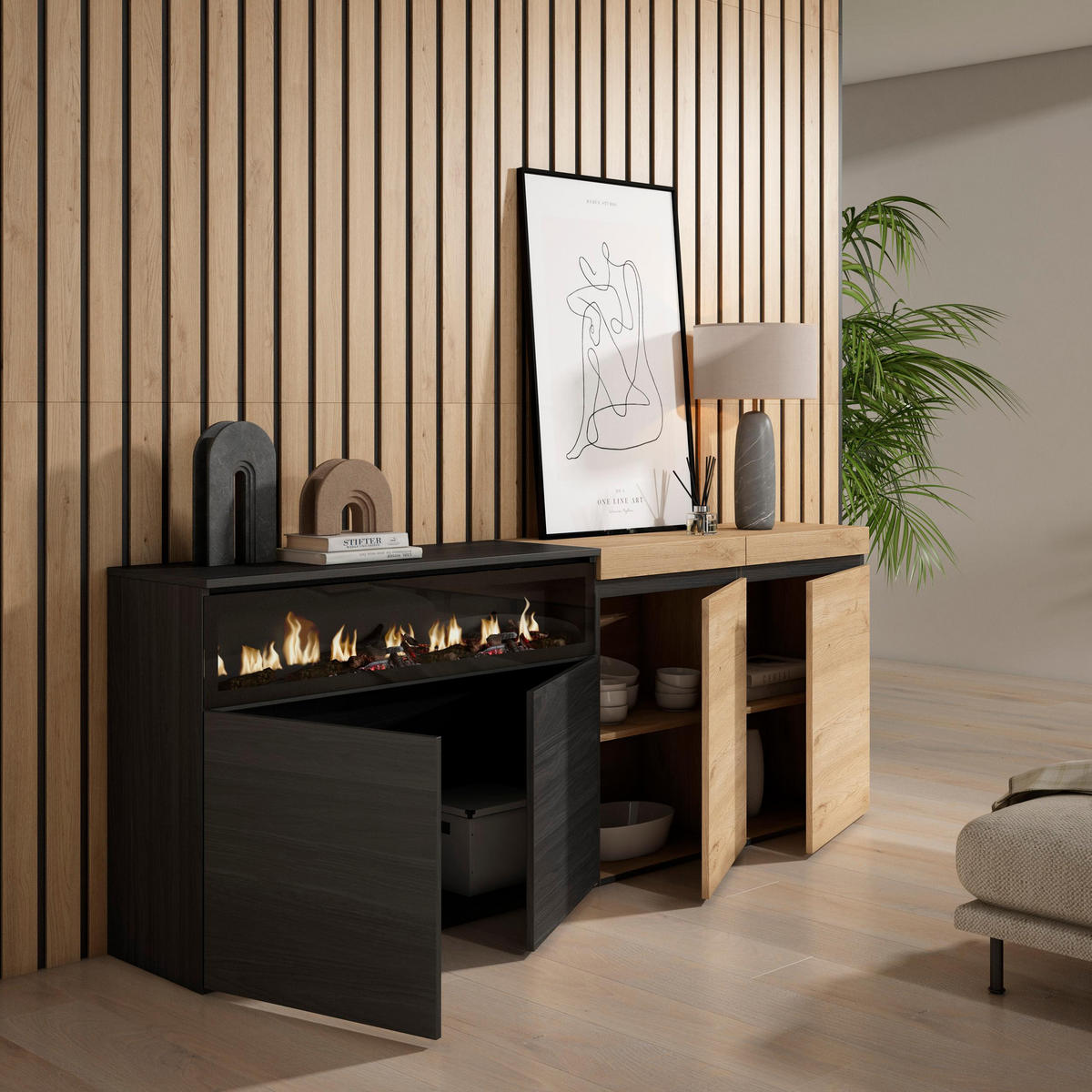 SIDEBOARD Elektrokamin, eiche, schwarz, 200/35/75cm - Multicolor, Holzwerkstoff (200/75/35cm) - Skraut Home