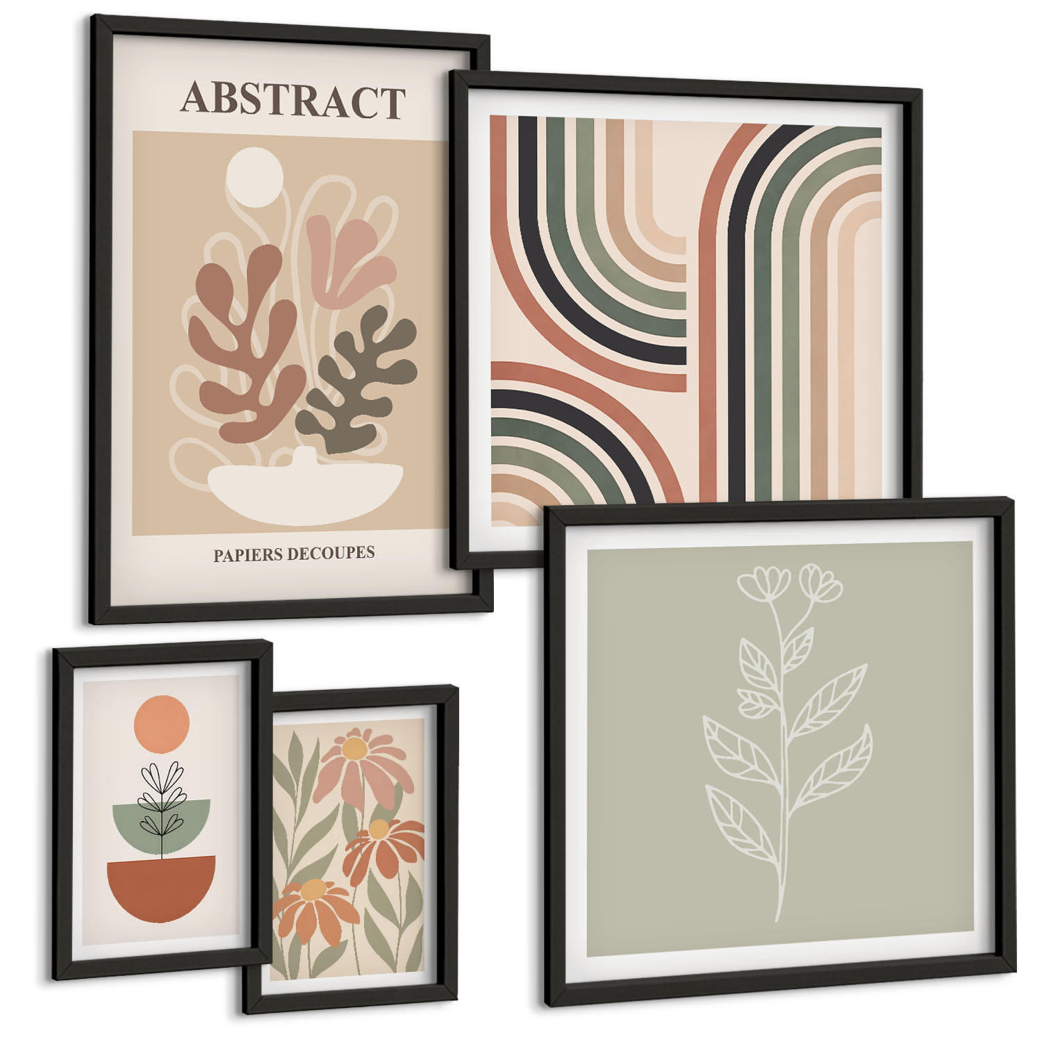 BILDER SET 5er Set - 50x50 cm & 20x30 cm & 40x60 cm Schwarzer Rahmen - Abstrakte Pastellpflanzen - Schwarz, Kunststoff (40/60cm) - TULUP