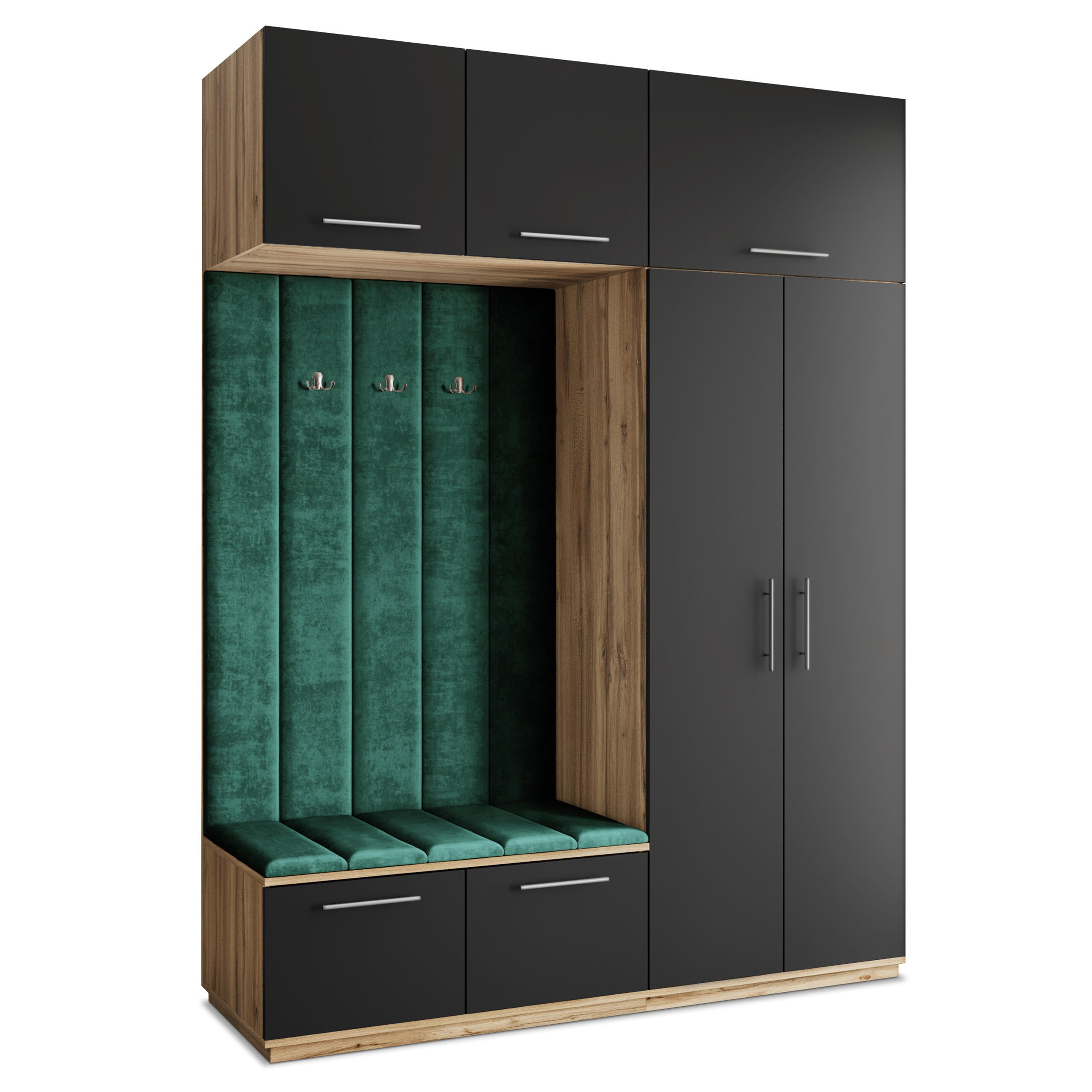 Masseno Garderobenschrank Eiche Wotan, Schwarz, Grün 180x240x60 cm