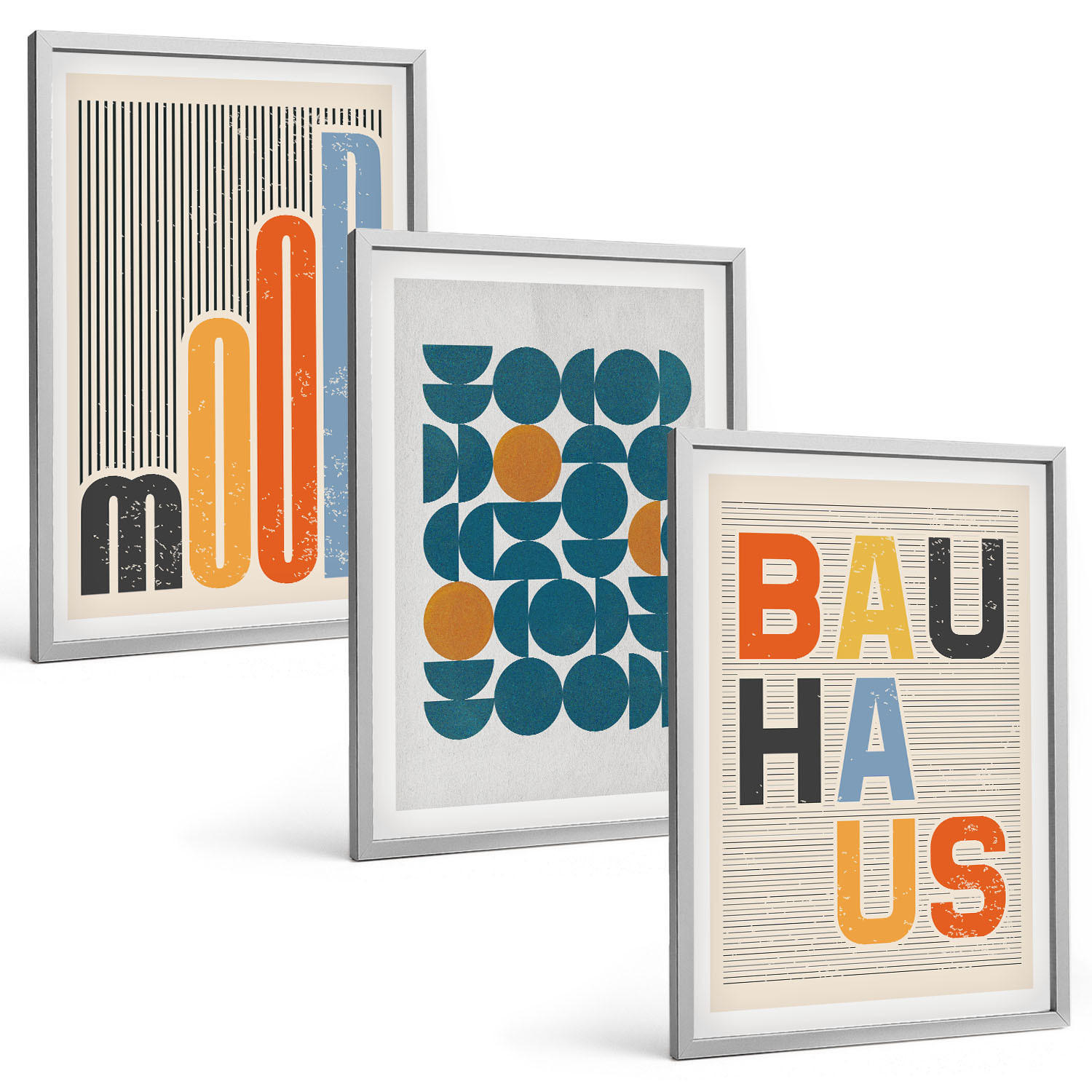 BILDER SET 3er Set - 40x60 cm Silberner Rahmen - Geometrische Muster im Bauhaus-Stil - Silberfarben, Kunststoff (40/60cm) - TULUP