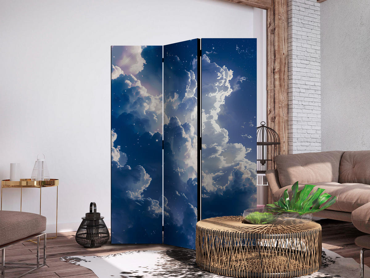 PARAVENT Beidseitig Bedruckter 3-tlg 135x172 cm Sonniger Himmel mit Wolken - Blau, Holz/Textil (135/172/3cm) - Muralo