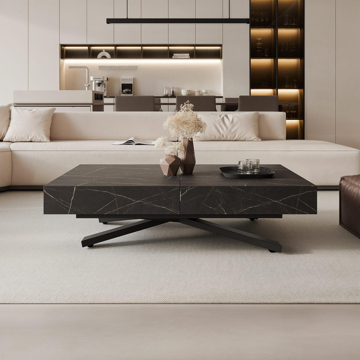 COUCHTISCH SANELLE X ausziehbar mit Liftfunktion, 120/80/76 cm Schwarz/Grigia Pietra (Steingrau) - Schwarz/Grau, Holzwerkstoff/Metall (120/80/27cm) - Idohome