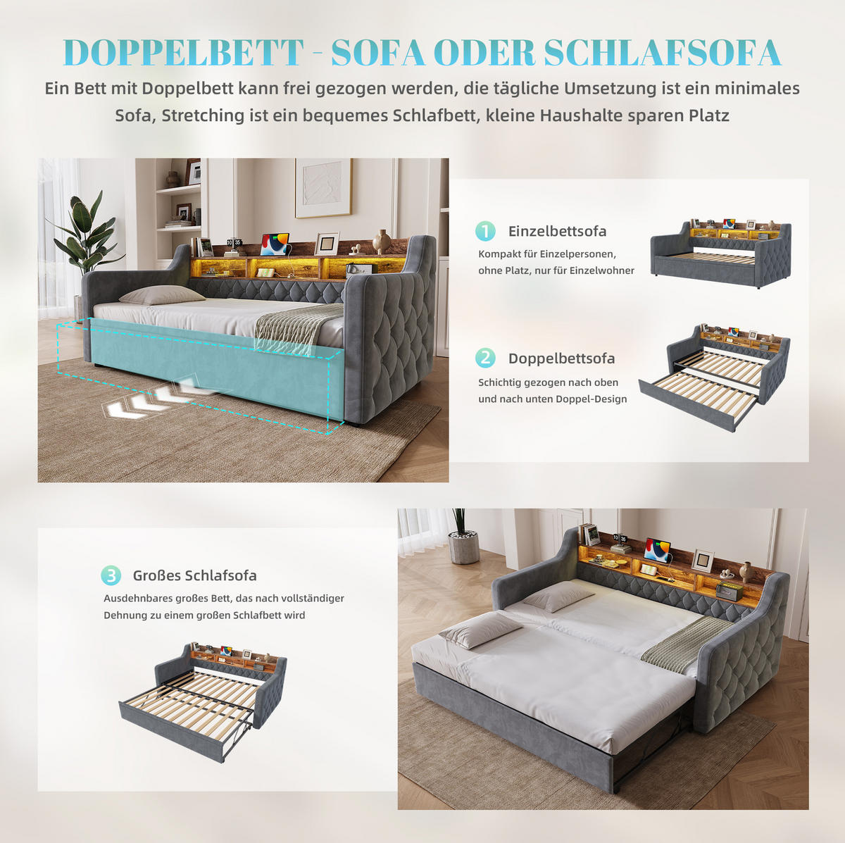 BETT 90/190 cm in Dunkelgrau mit Bett, LED-Beleuchtung und USB-Anschlüssen - Dunkelgrau, Textil (90/190cm) - Flora Grace