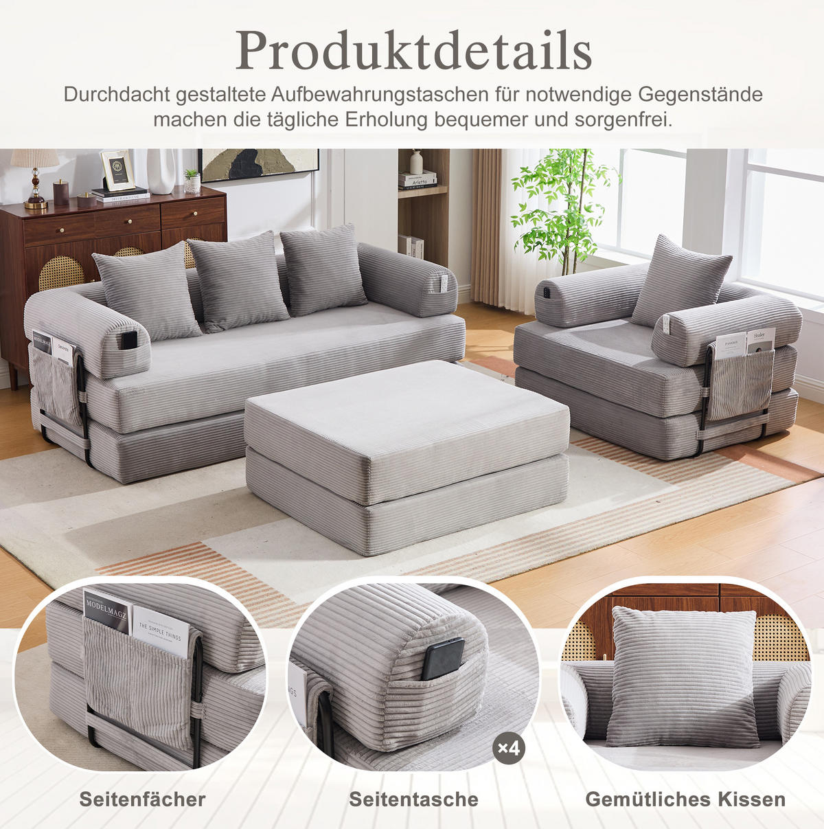 ECKSOFA aus Cord 200x94x67 cm Hellgrau mit Hocker, Metallrahmen und Seitentasche - Hellgrau, Textil (200/190cm) - Modfu