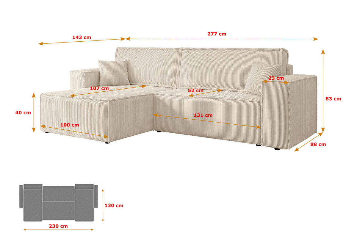 ECKSOFA mit Schlaffunktion und Bettkasten CELTIC-XL - 277x143x83 cm Beige Cord - Beige/Schwarz, Holzwerkstoff/Kunststoff (277/143cm) - ALTDECOR