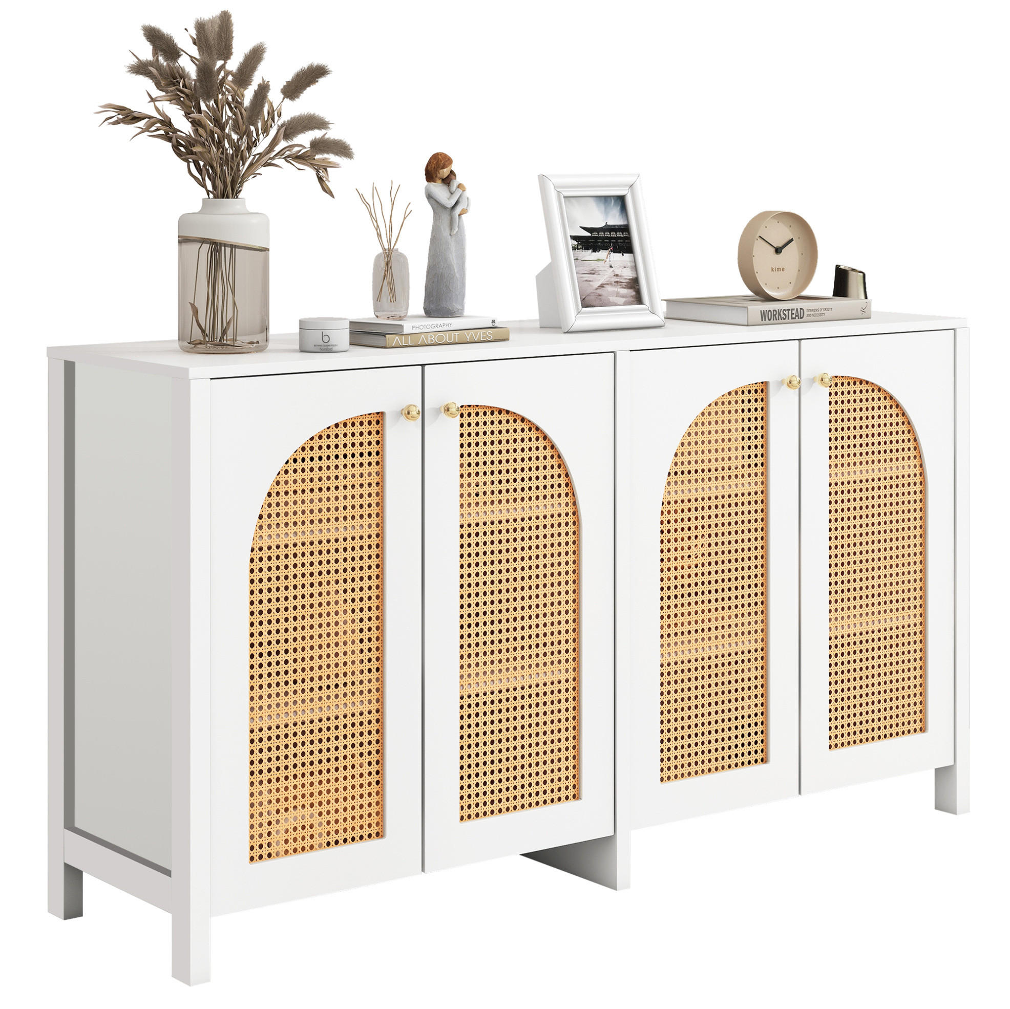 ŠIROKÁ komoda, MDF/biela, 4 dvierka s ratanovým vzhľadom,145/40/80 cm - biela, kompozitné drevo (145/40/80cm) - BEAOK