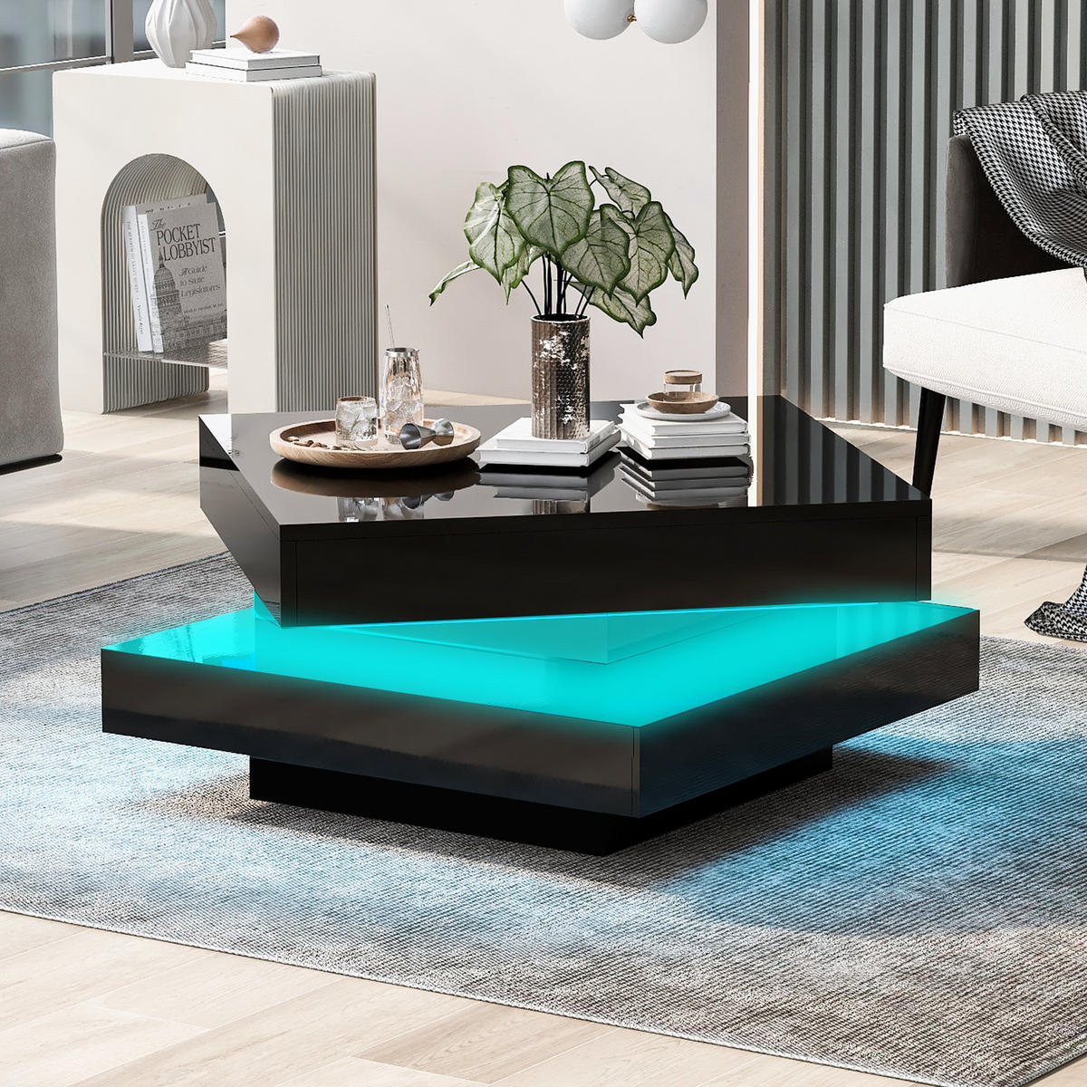 COUCHTISCH, Hochglanz in Schwarz, 360° drehbare Platte mit LED-Lichtband, 70/70/36 cm,Schwarz - Schwarz, Holzwerkstoff (70/70/36cm) - Redom