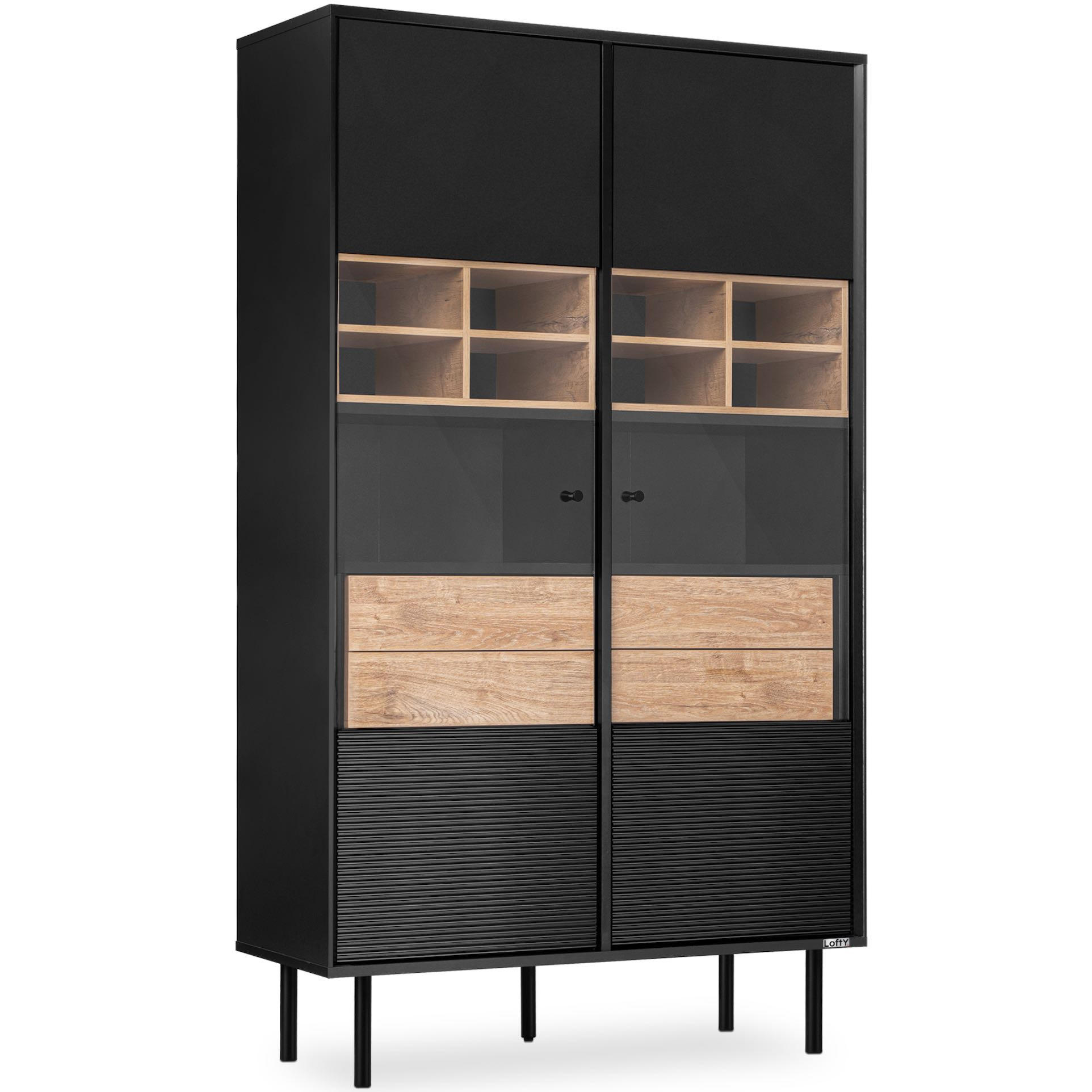 VITRINENSCHRÄNK LOFTY Kreuzeinlage, schwarz / Eiche natur - Eichefarben/Multicolor, Holzwerkstoff (102/174/41cm) - KONSIMO®