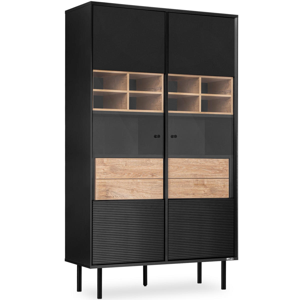 VITRINENSCHRÄNK LOFTY Kreuzeinlage, schwarz / Eiche natur - Eichefarben/Multicolor, Holzwerkstoff (102/174/41cm) - KONSIMO®