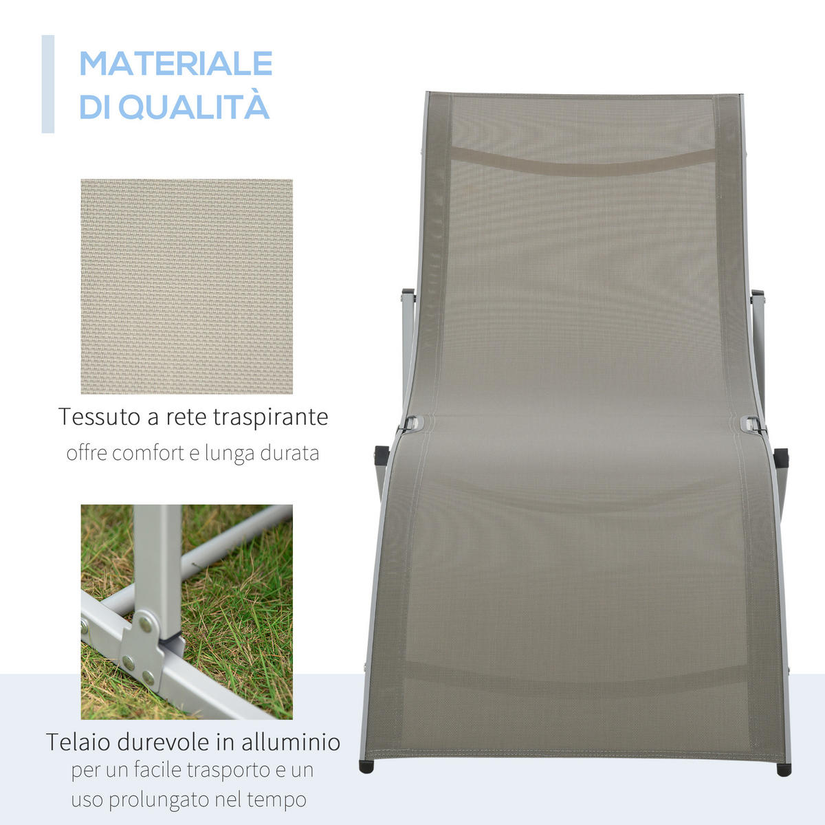 SONNENLIEGE Set mit 2 klappbaren 61 x 165 x 63 cm - Grau, Metall (165/63/61cm) - Vallsero
