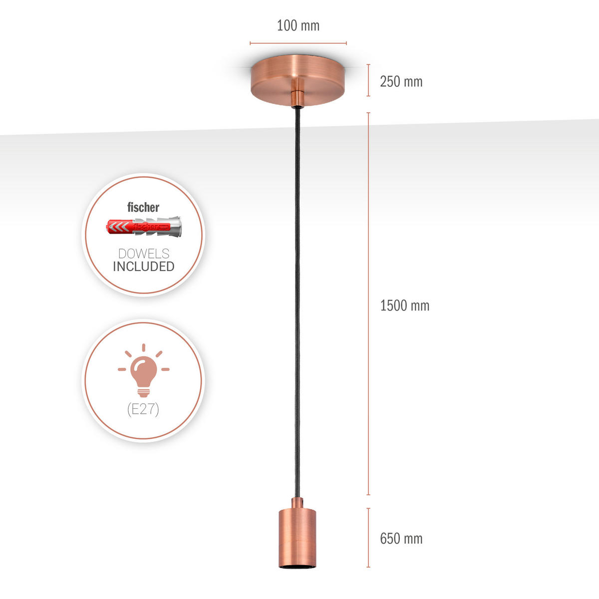 PENDELLEUCHTE Hugo - Kupferfarben, Metall (4.4/4.4/6.5cm) - Paco Home