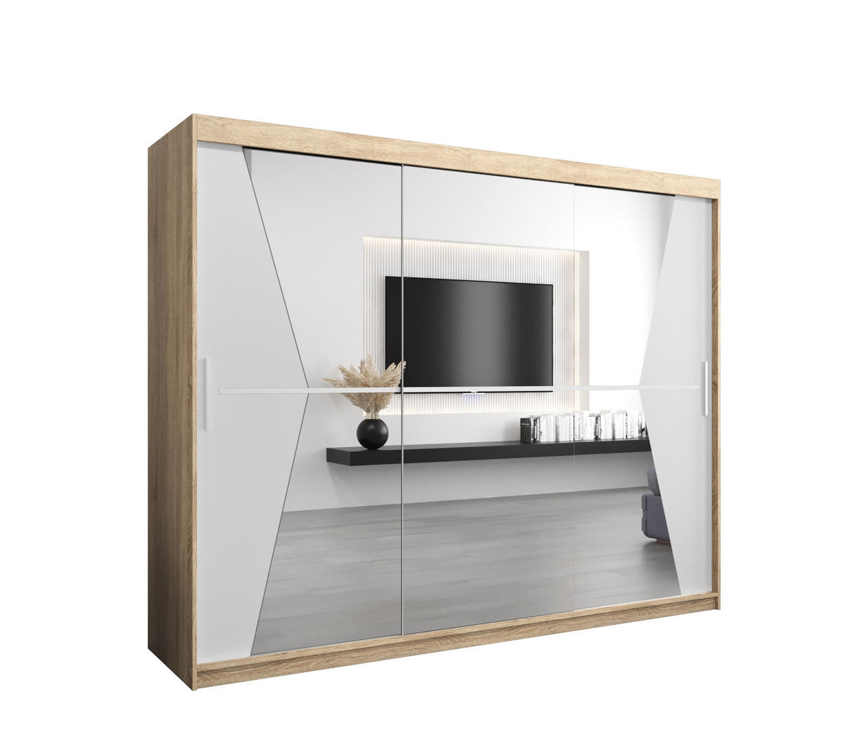 SCHWEBETÜRENSCHRANK 200/250/62 3-türig - Silberfarben/Weiß, Holz/Kunststoff (250/200/62cm) - Abiks Möbel