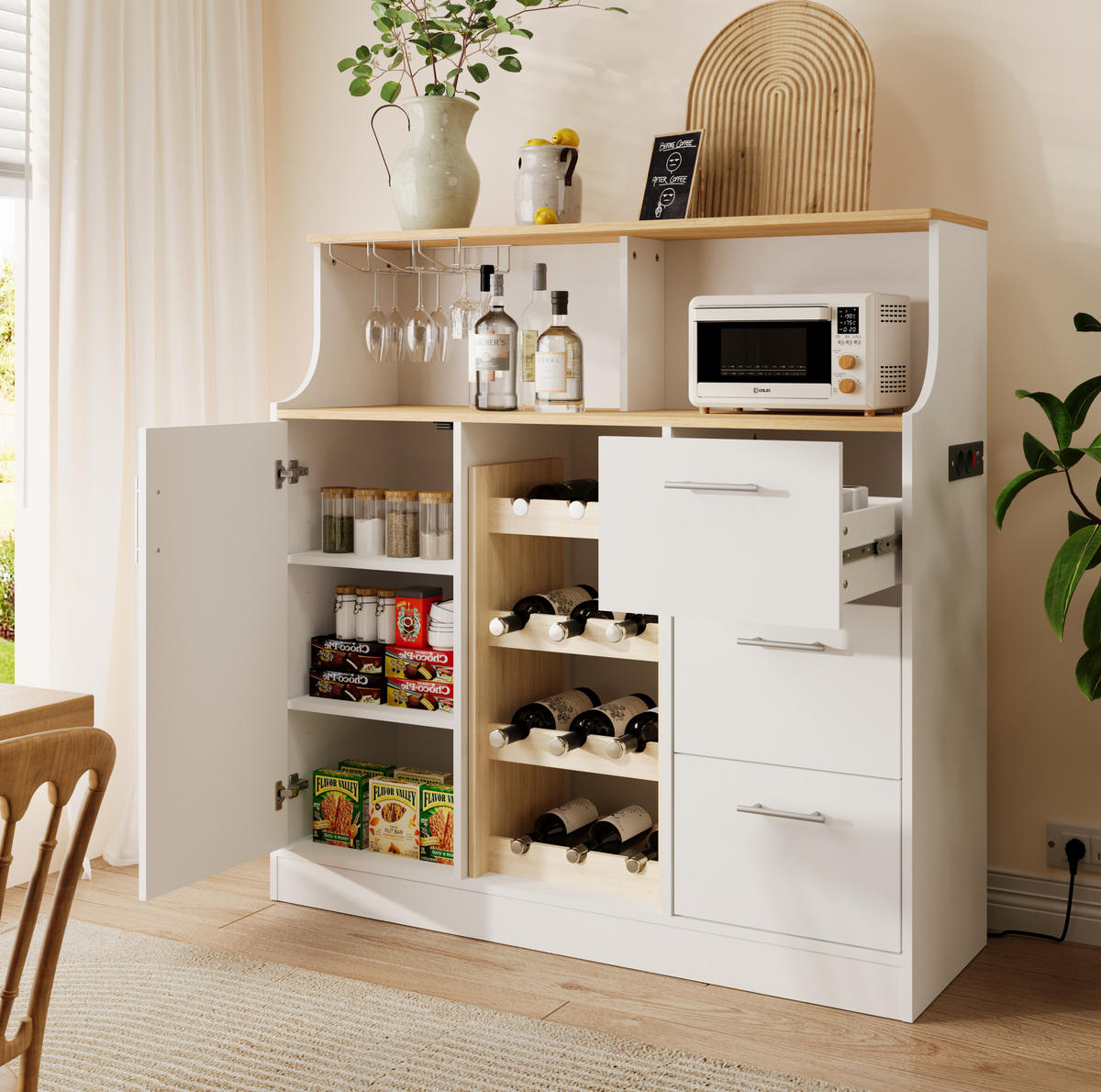 SIDEBOARD aus MDF 120x40x121 cm Weiß/Natur mit LED-Beleuchtung, Steckdose, Weinregal und Gläserhalter - Weiß, Holzwerkstoff (120/121/40cm) - Modfu