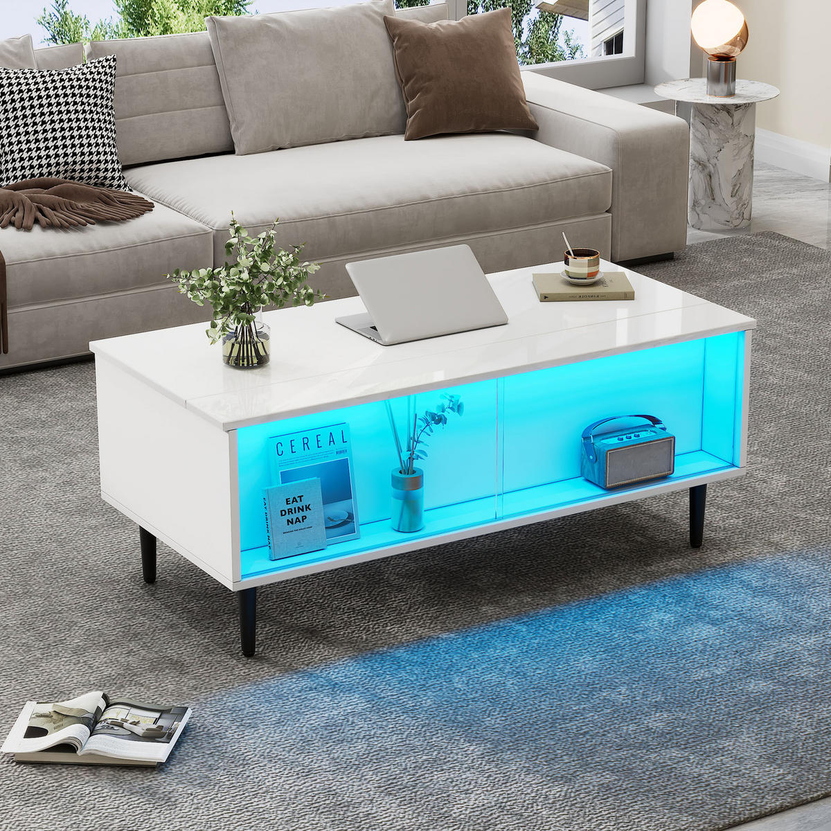 COUCHTISCH 105 / 50 / 43 cm höhenverstellbar mit LED-Beleuchtung und Stauraum - Weiß, Holzwerkstoff (105/50/43cm) - OKWISH