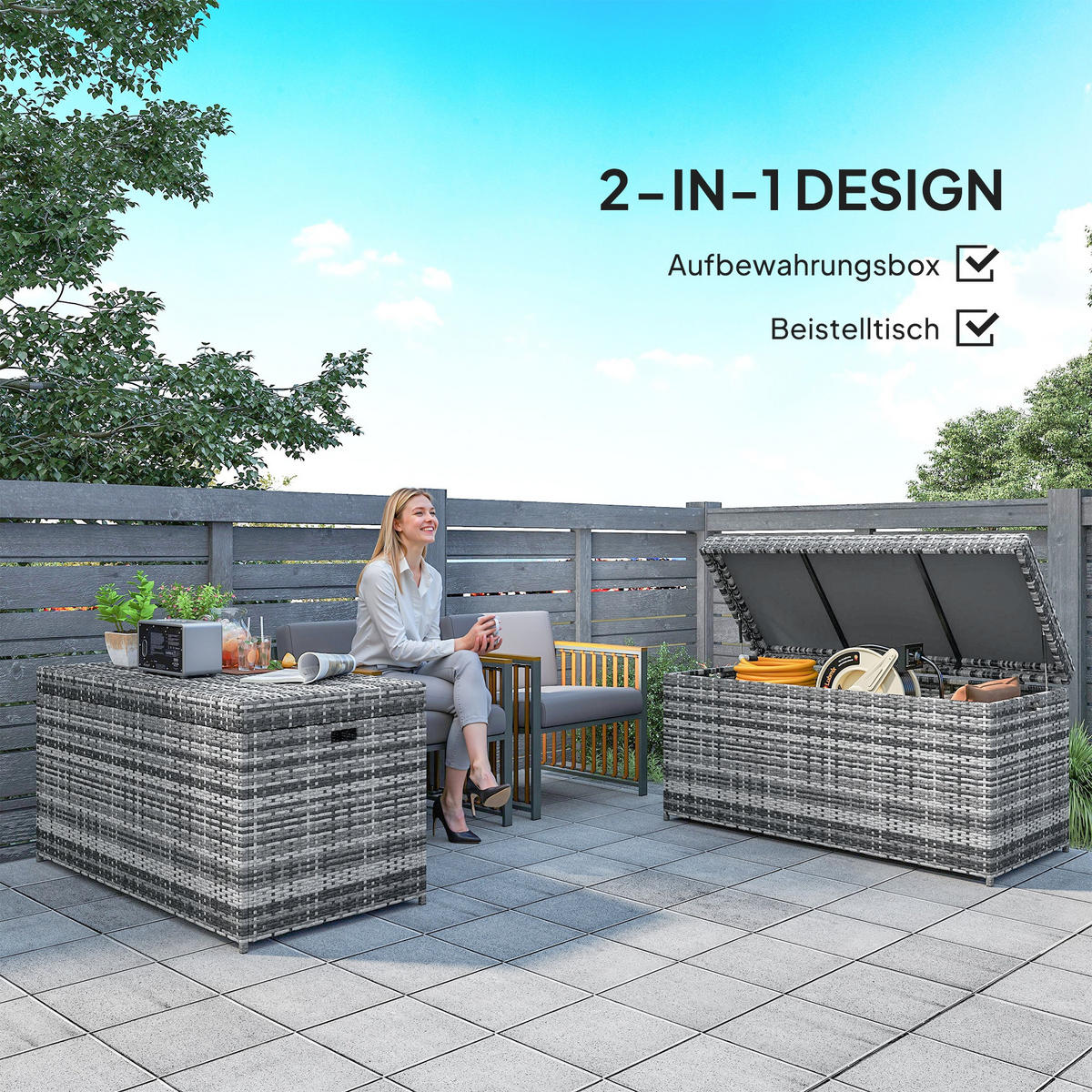 RATTAN Auflagenbox 380L wetterfest Kissenbox mit Deckel Stauraum UV-beständig - Dunkelgrau, Metall (61/65/130cm) - Outsunny