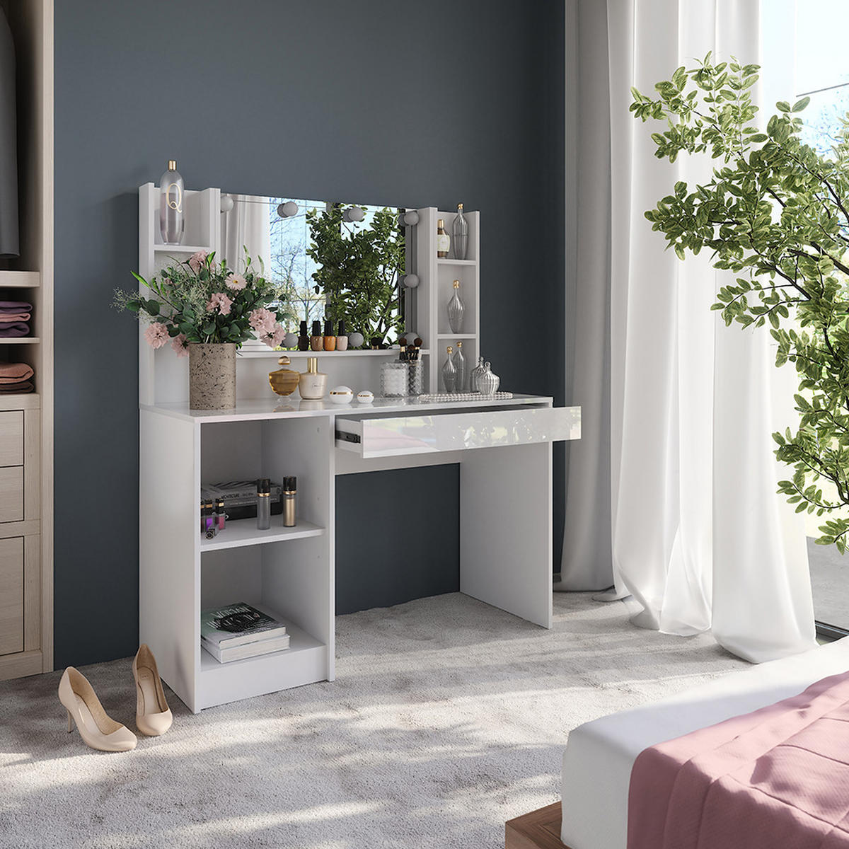 SCHMINKTISCH Sherry Weiß/Weiß Hochglanz 119.8 cm 4 Teile - Weiß Hochglanz, Holzwerkstoff (119.8/76/50.1cm) - Vicco