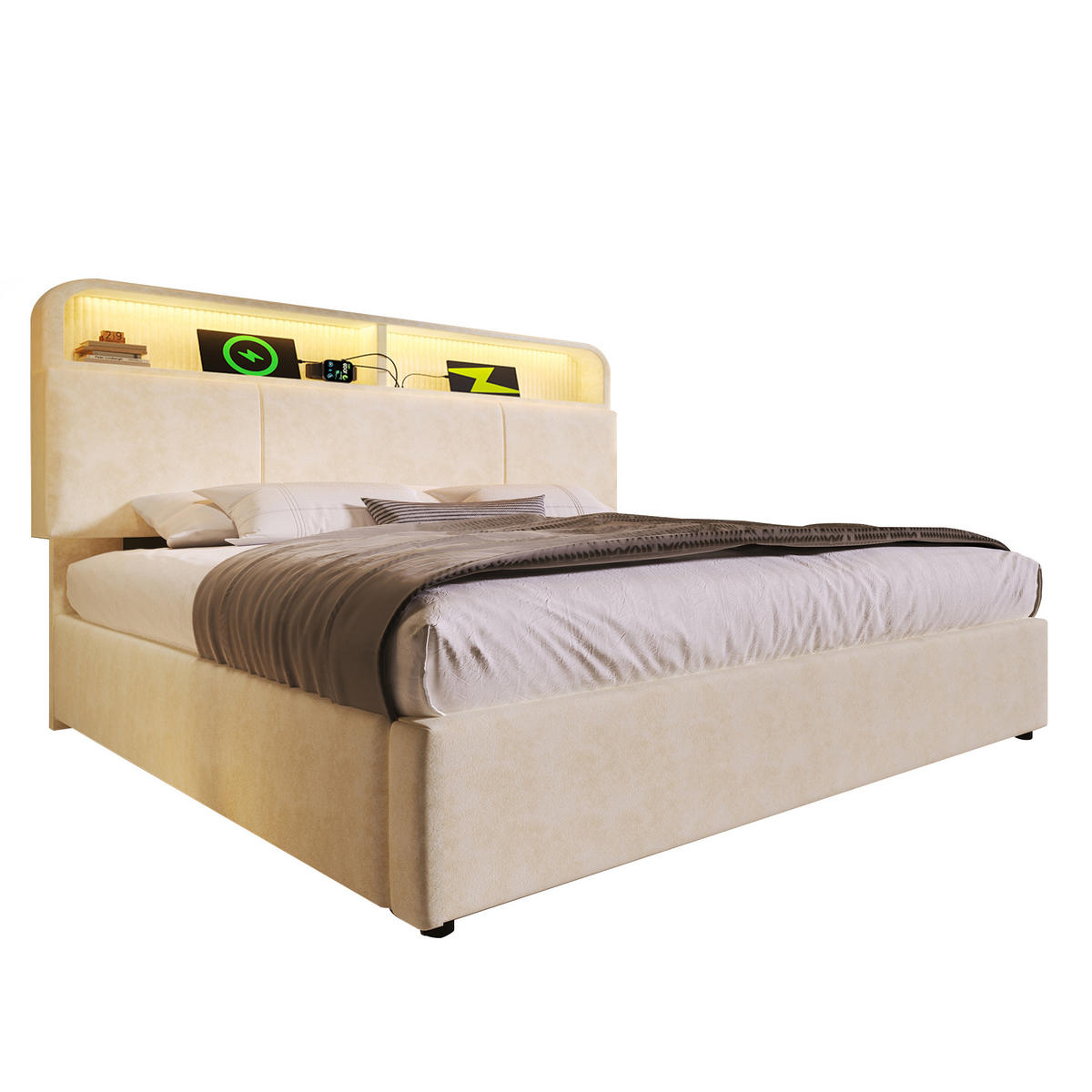 POLSTERBETT 140/200 cm Beiger mit höhenverstellbarem Stauraum-Kopfteil und LED-Beleuchtung - Beige, Textil (140/200cm) - OKWISH
