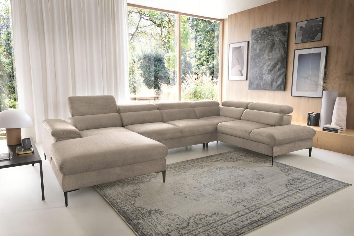 WOHNLANDSCHAFT MESTO Beige Velours-Stoff mit Schlaffunktion - Beige, Holz (353/94/182cm) - MASSENO